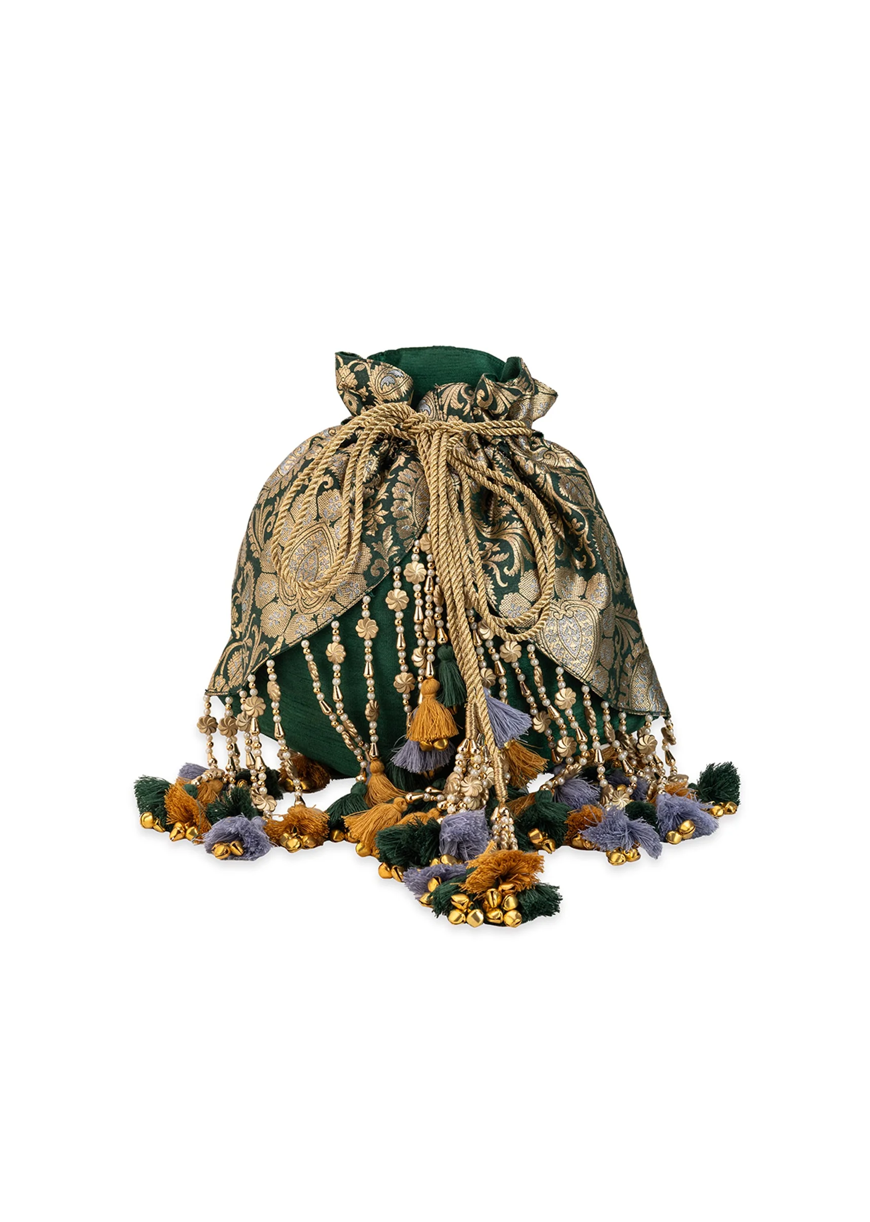 Green and Gold Embellished Tassel Potli Bag