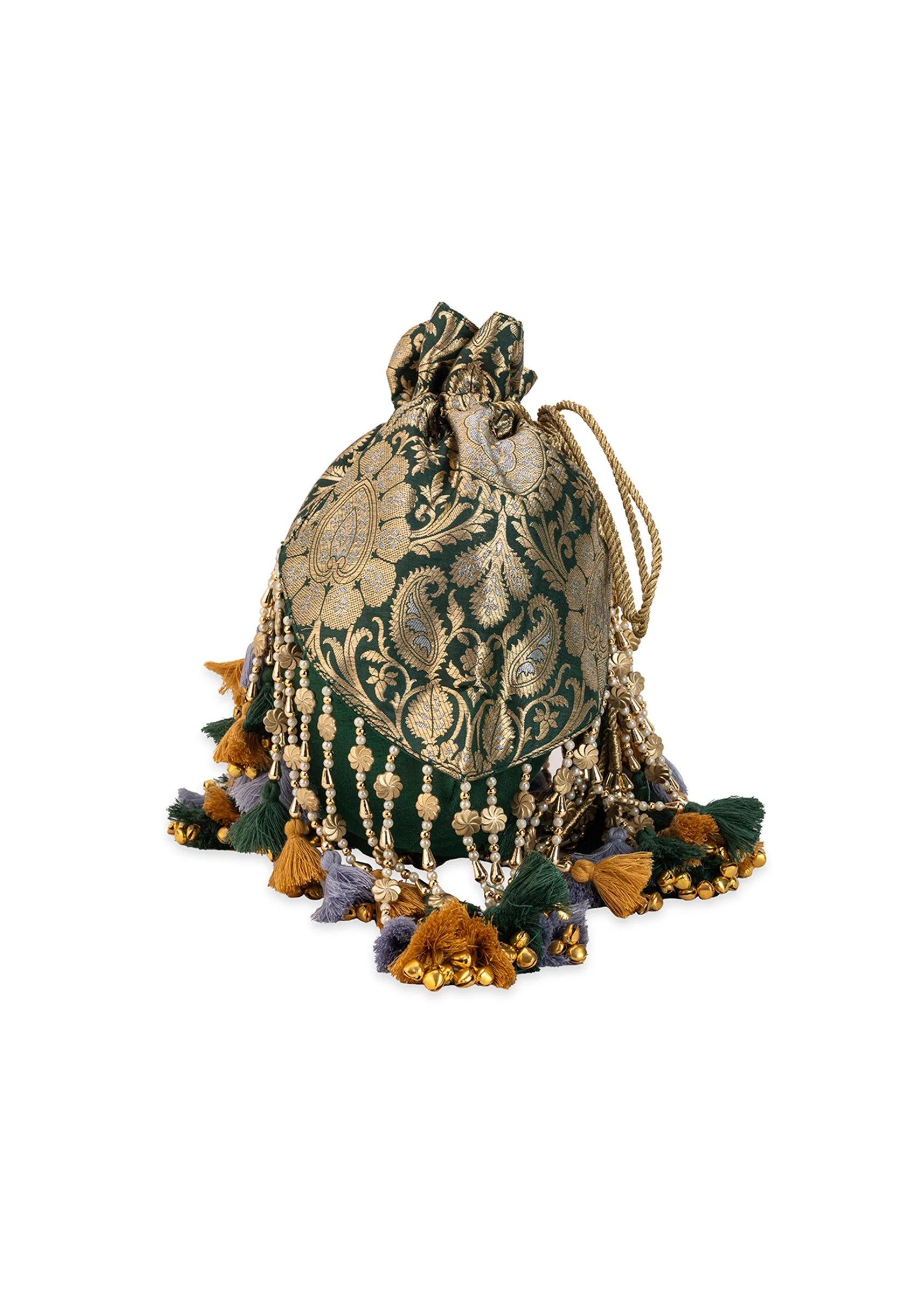 Green and Gold Embellished Tassel Potli Bag