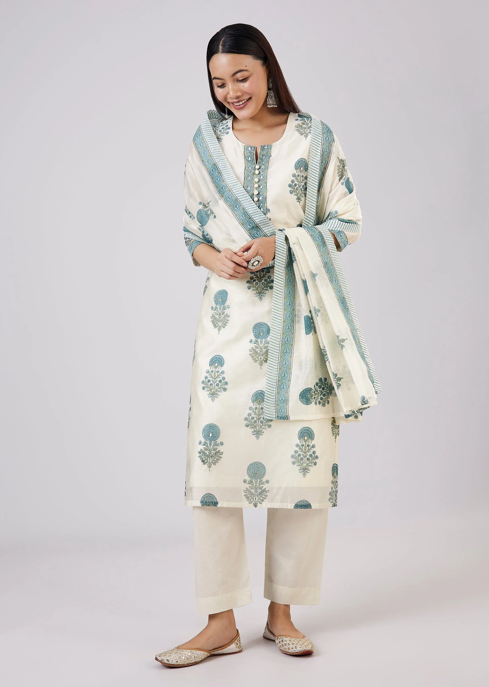 Blue Block Print Chanderi Kurta Set