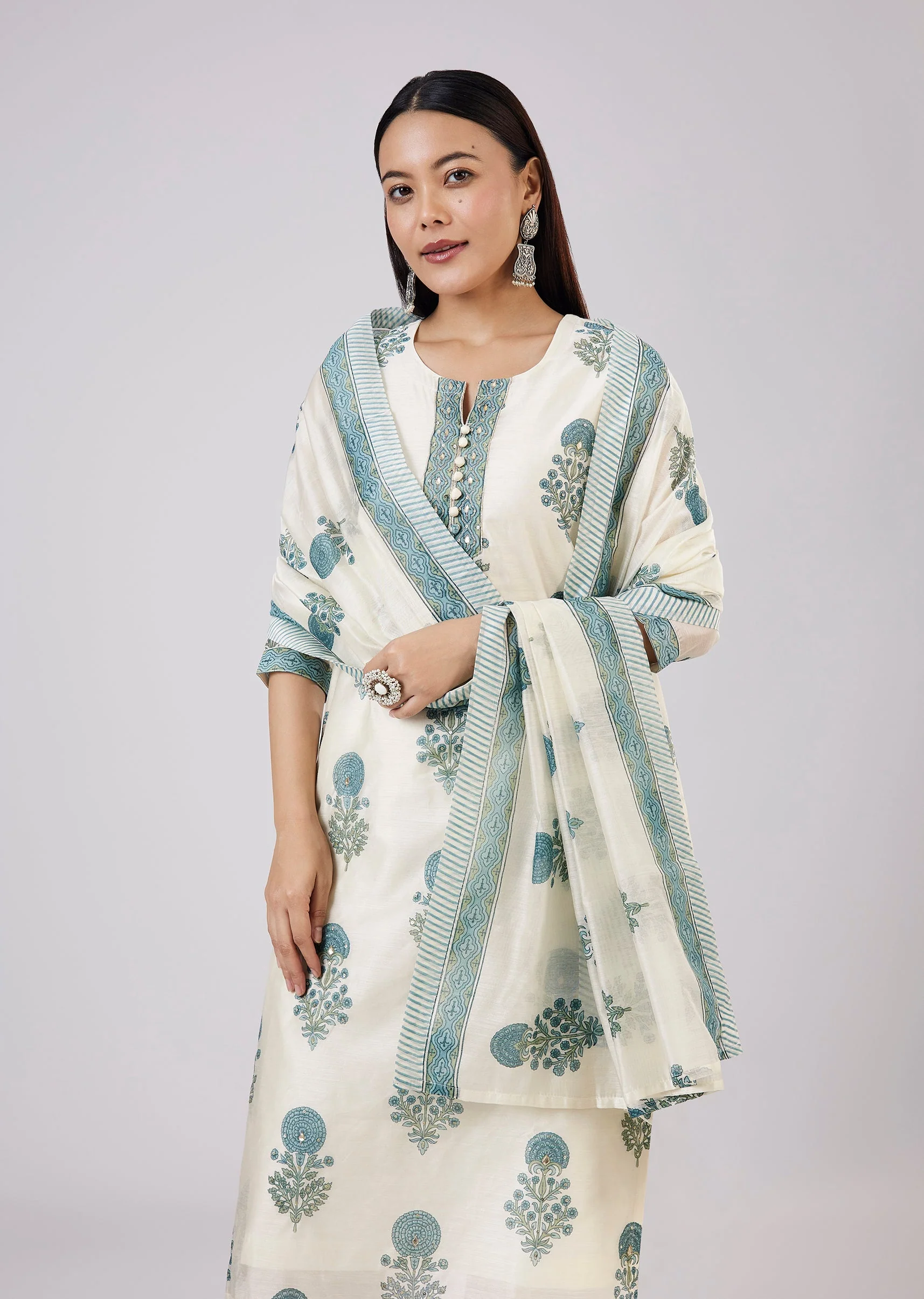 Blue Block Print Chanderi Kurta Set