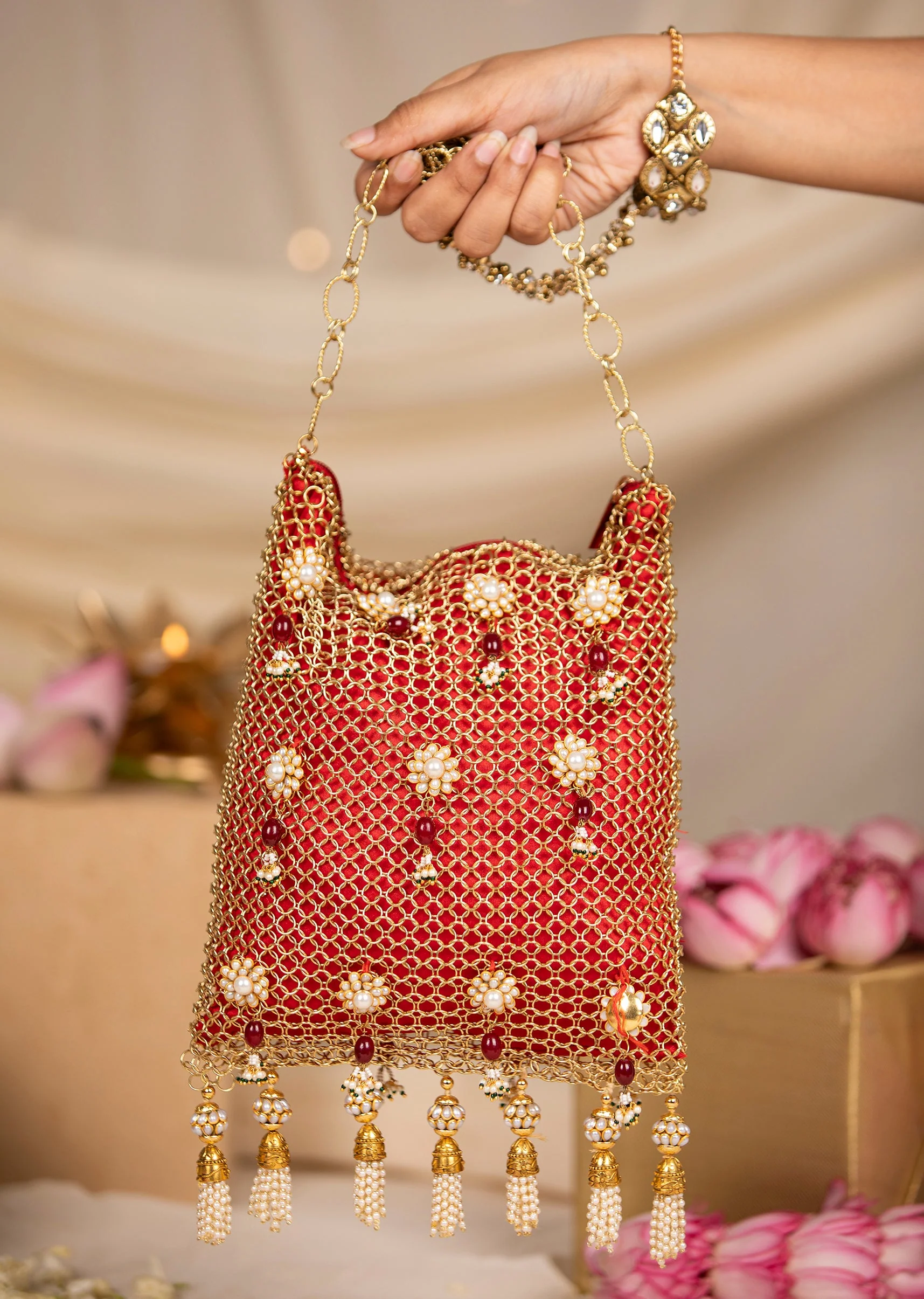 Red and Gold Jaal Textured Pearl Embellished Bag
