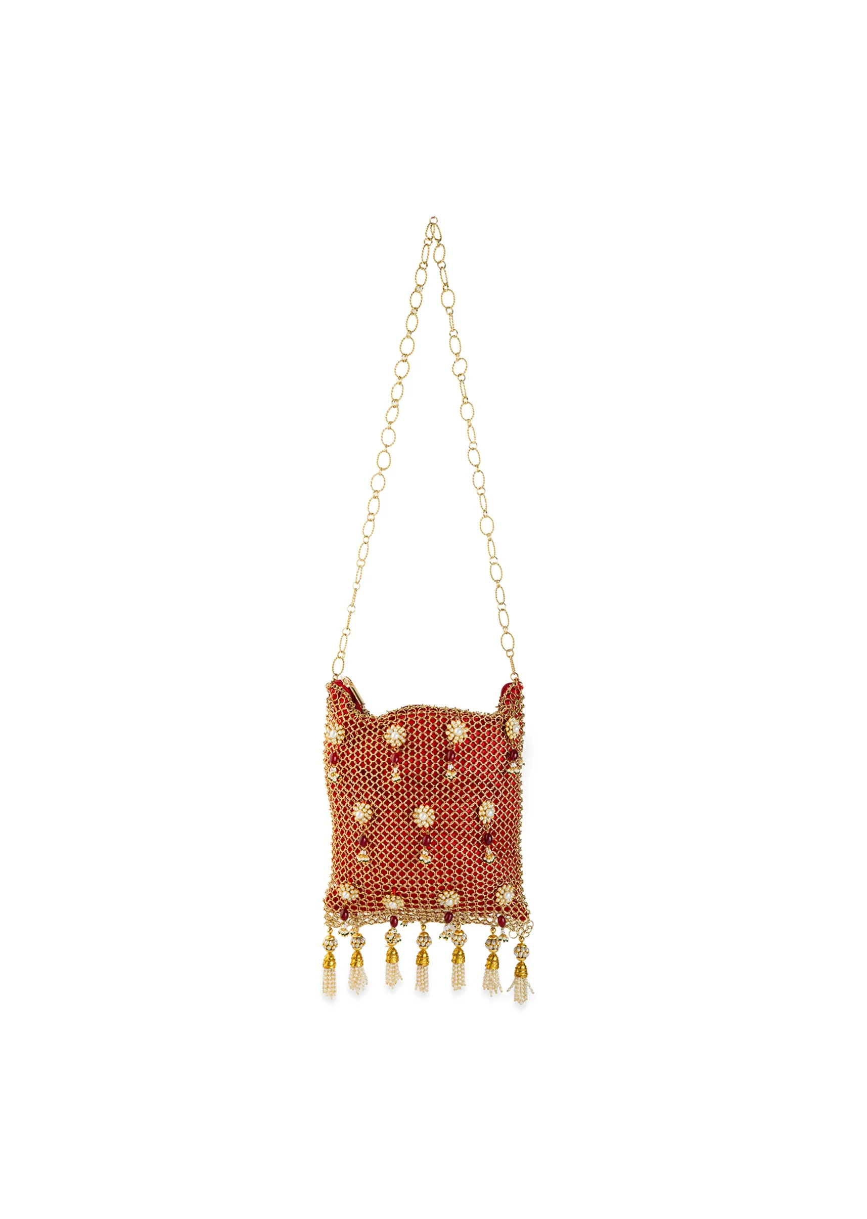 Red and Gold Jaal Textured Pearl Embellished Bag