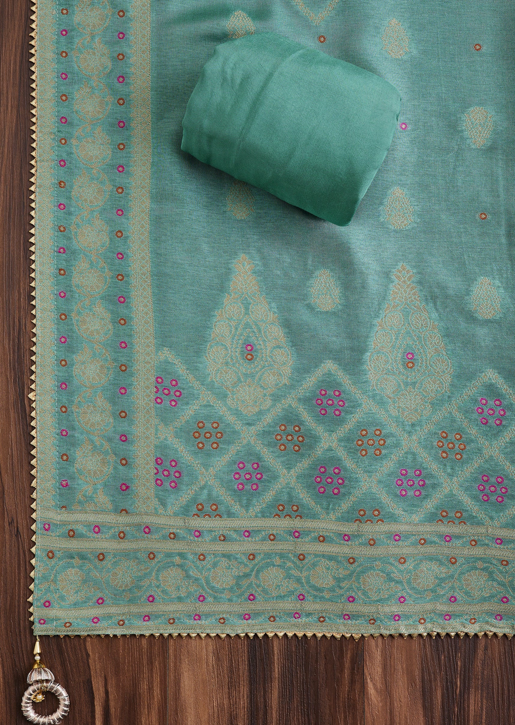 Blue Embroidered Chanderi Unstitched Suit