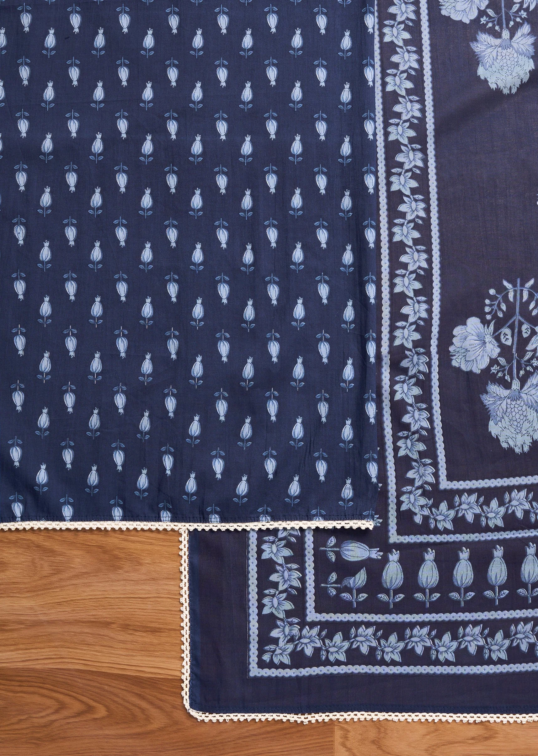 Dark Blue Cotton Printed Unstitched Suit Set