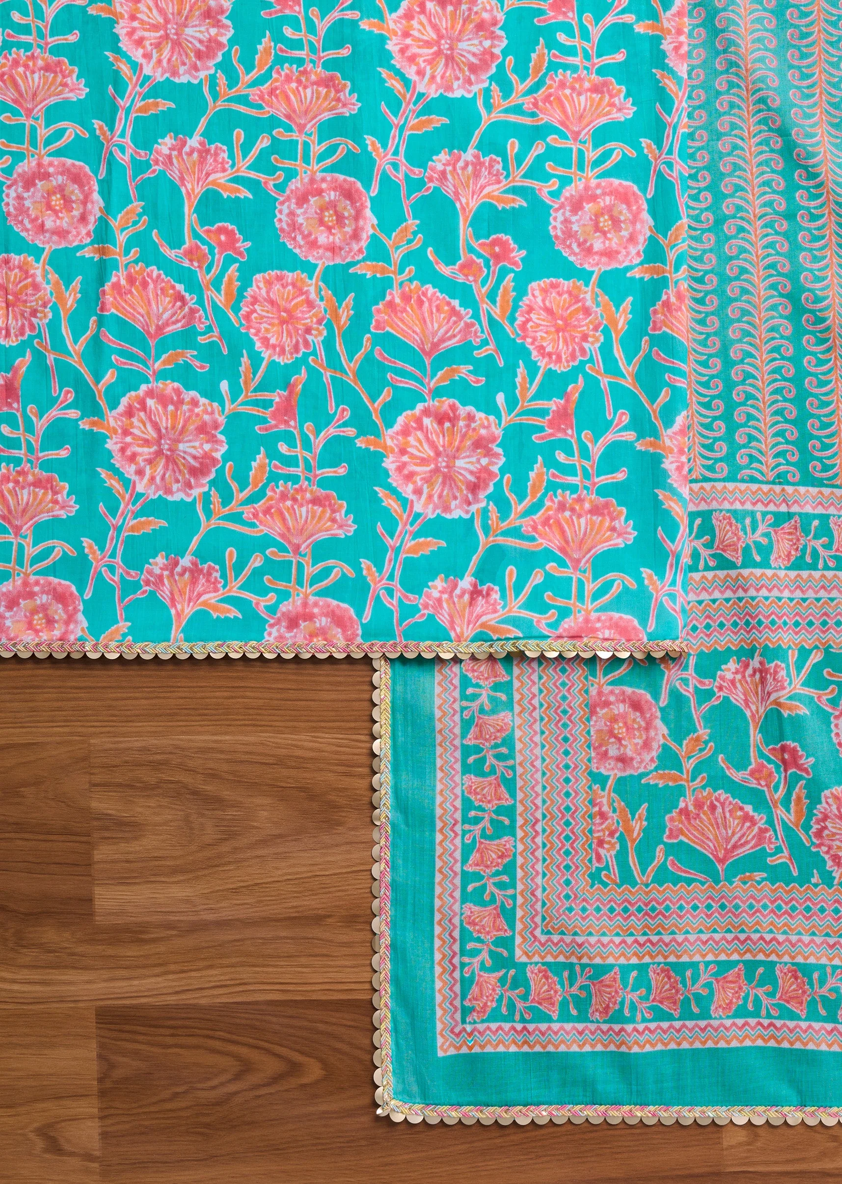 Blue Cotton With Pink Floral Printed Unstitched Suit Set