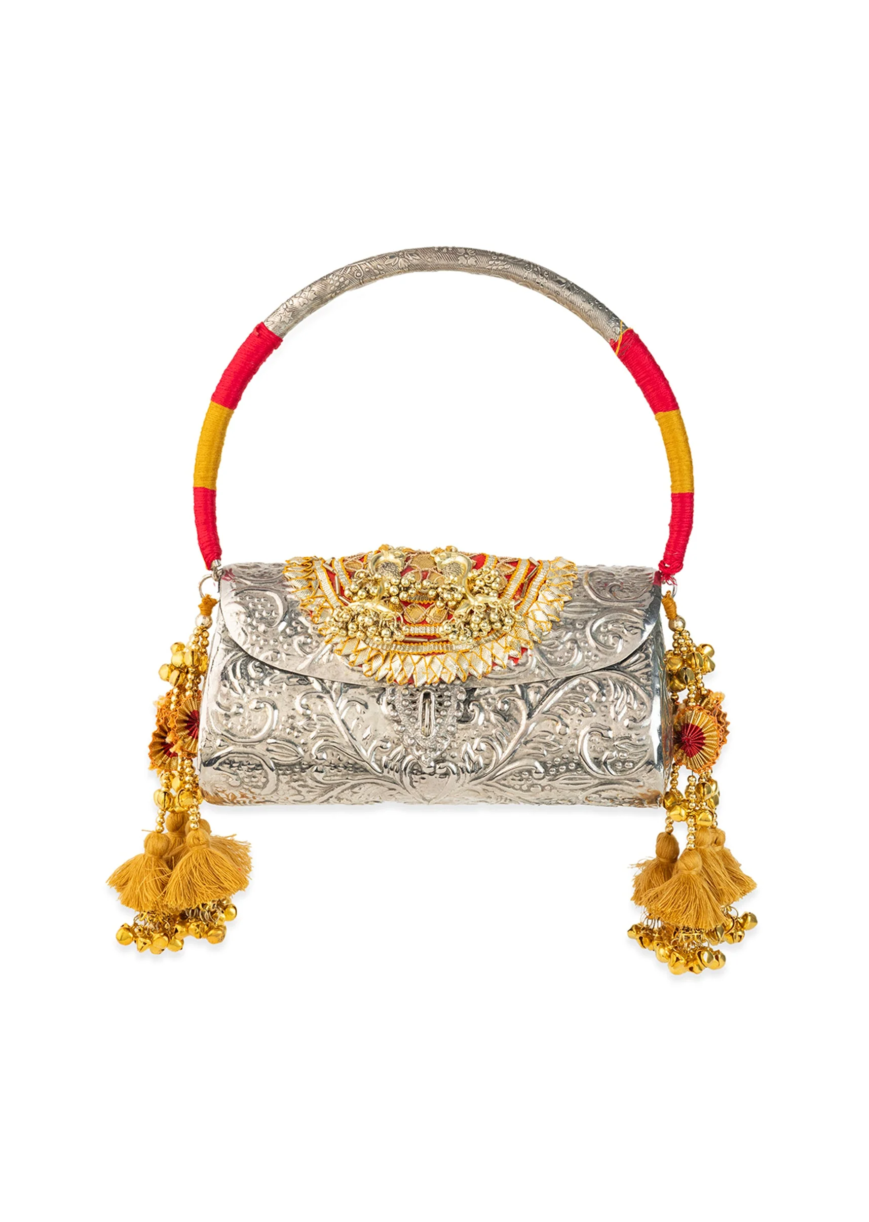 Silver and Gold Embossed Metal Bag with Tassels