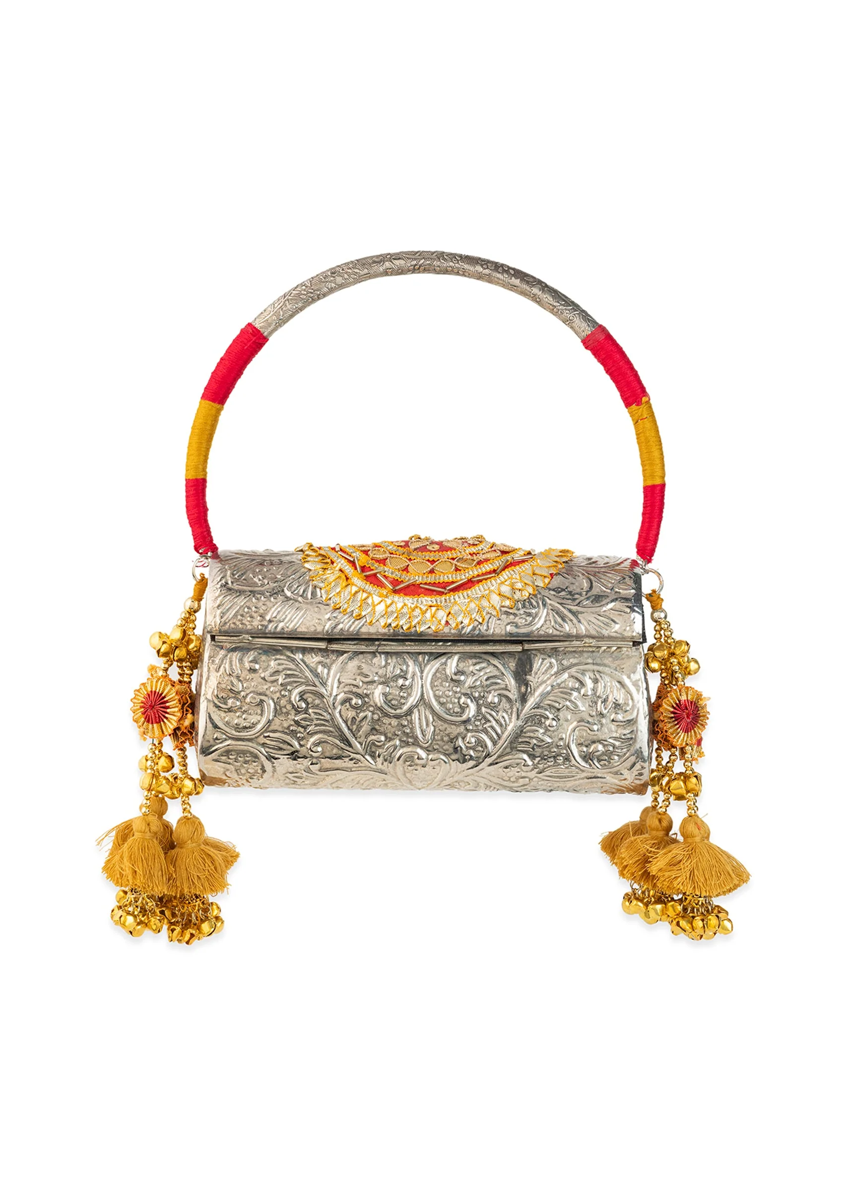 Silver and Gold Embossed Metal Bag with Tassels