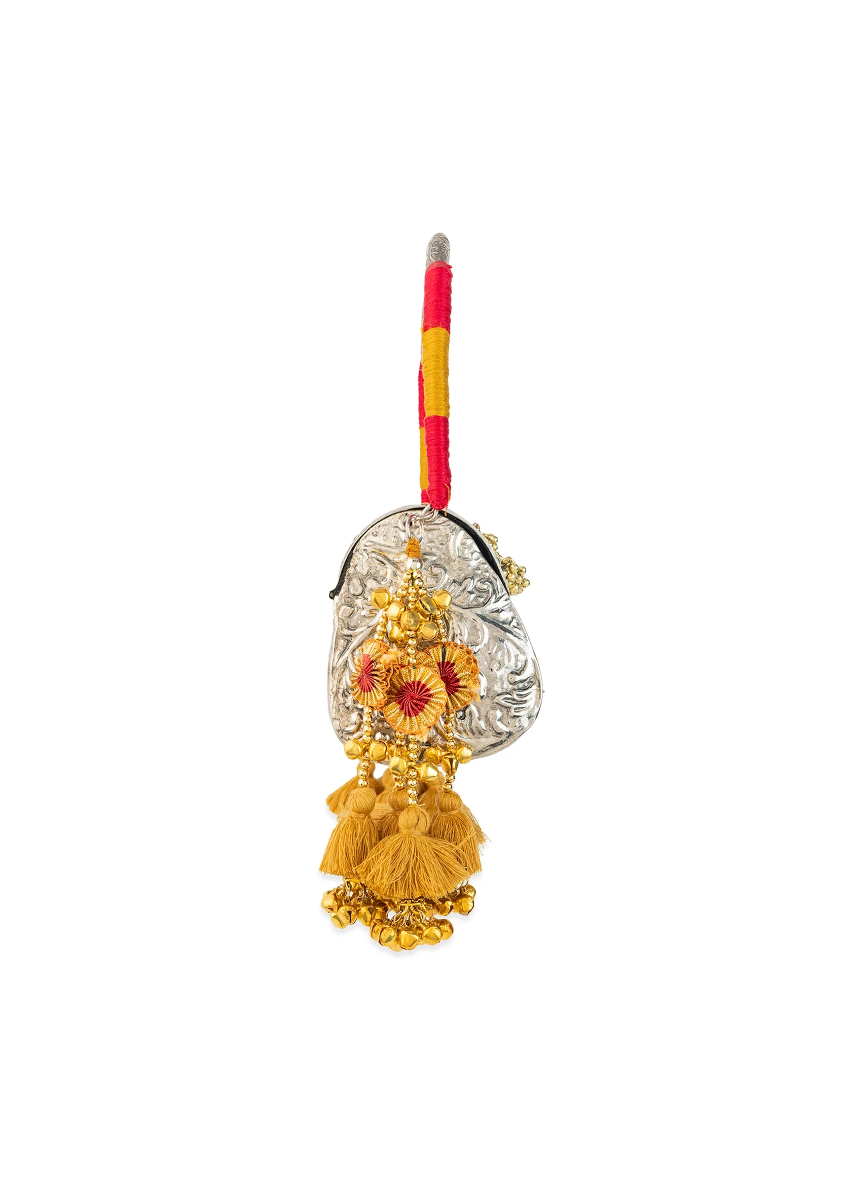 Silver and Gold Embossed Metal Bag with Tassels