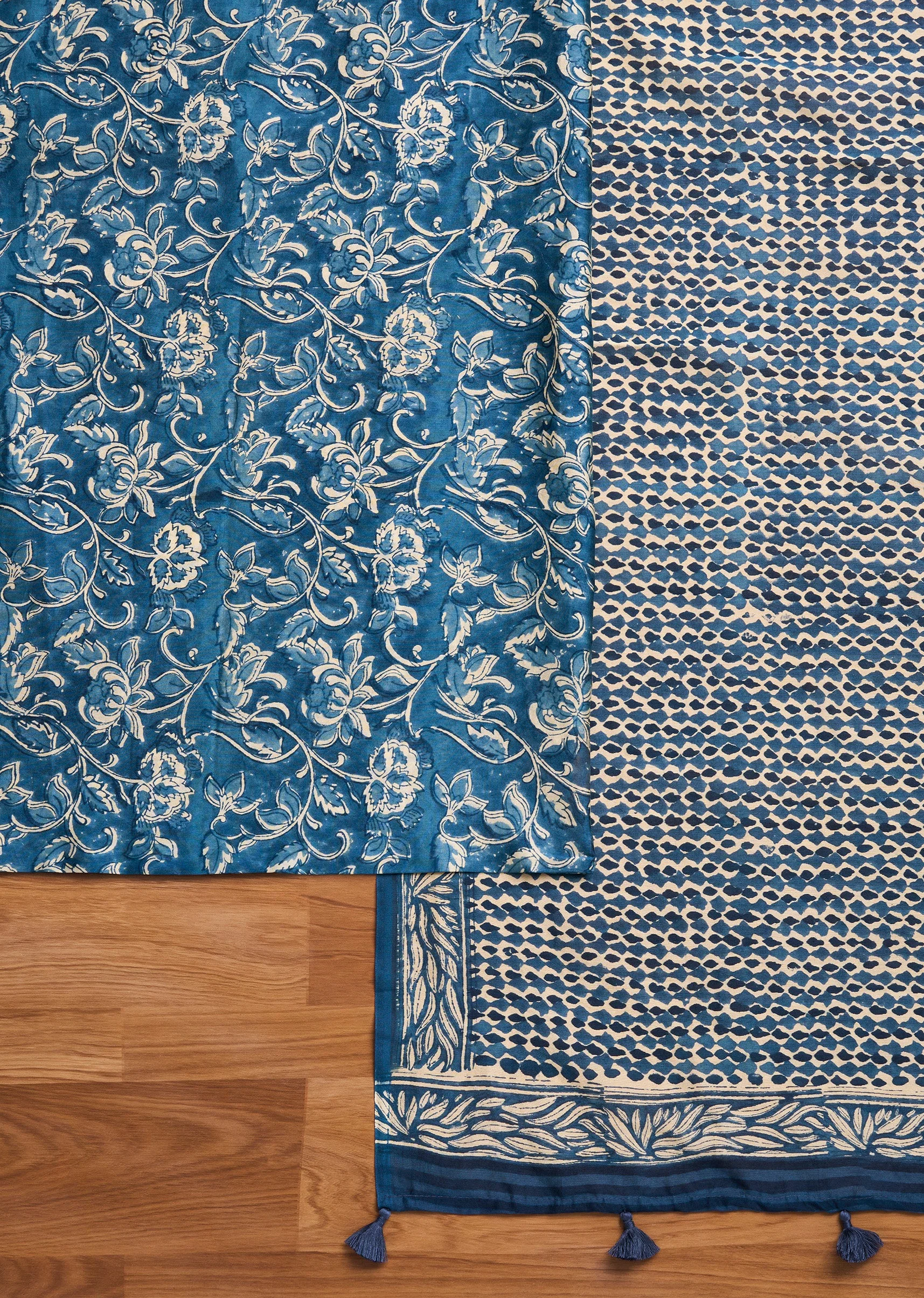 Vibrant Blue Chanderi Printed Unstitched Suit Set