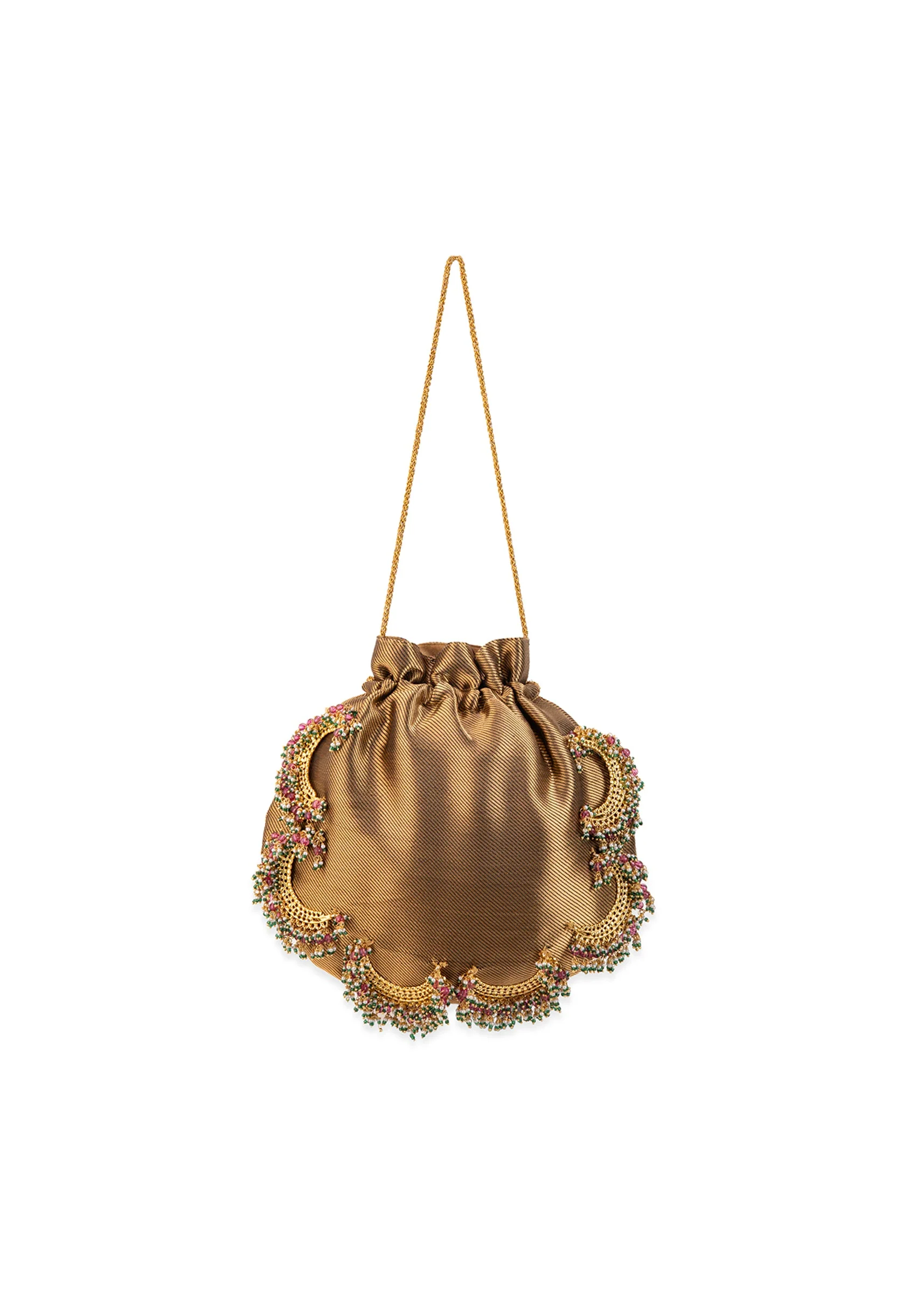 Beige Satin Potli Bag with Crescent Motif