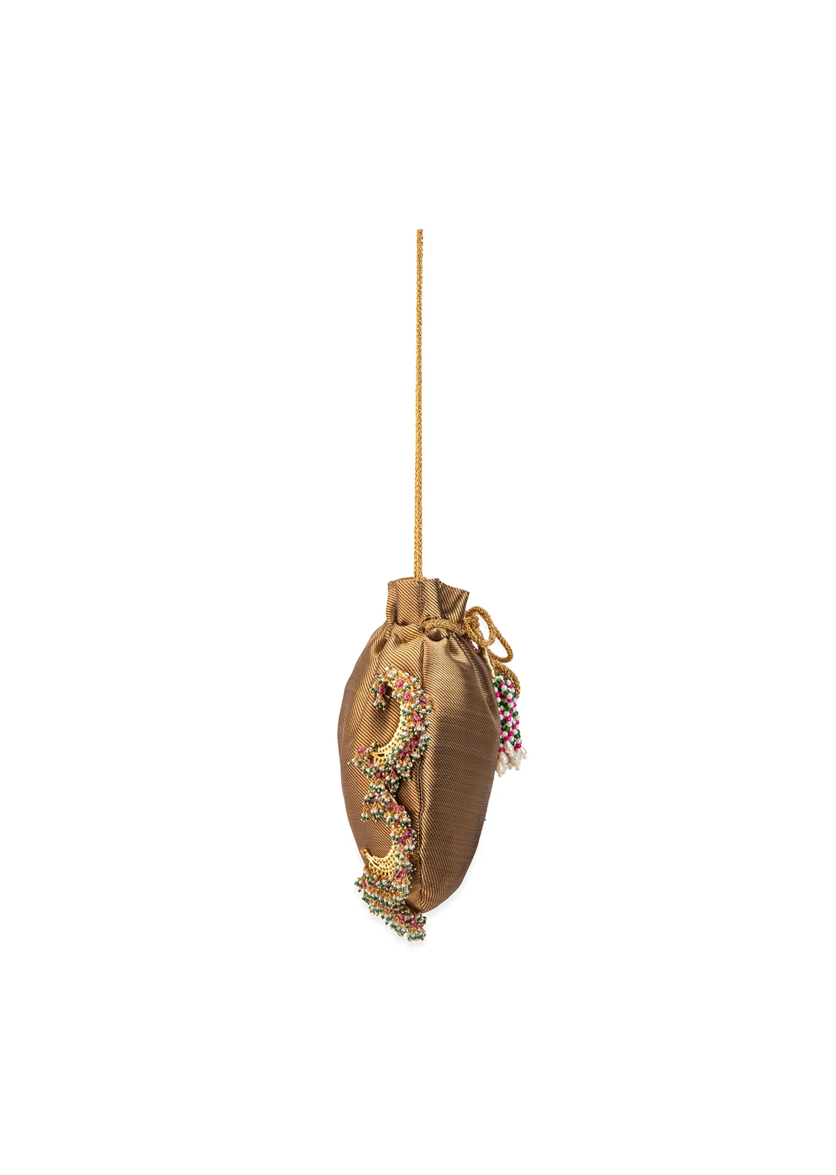 Beige Satin Potli Bag with Crescent Motif