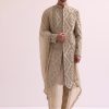 Beige Straight Cut Double Layered Sherwani And Kurta Set In Raw Silk