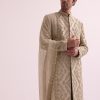 Beige Straight Cut Double Layered Sherwani And Kurta Set In Raw Silk
