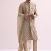 Beige Straight Cut Double Layered Sherwani And Kurta Set In Raw Silk