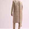 Beige Straight Cut Double Layered Sherwani And Kurta Set In Raw Silk