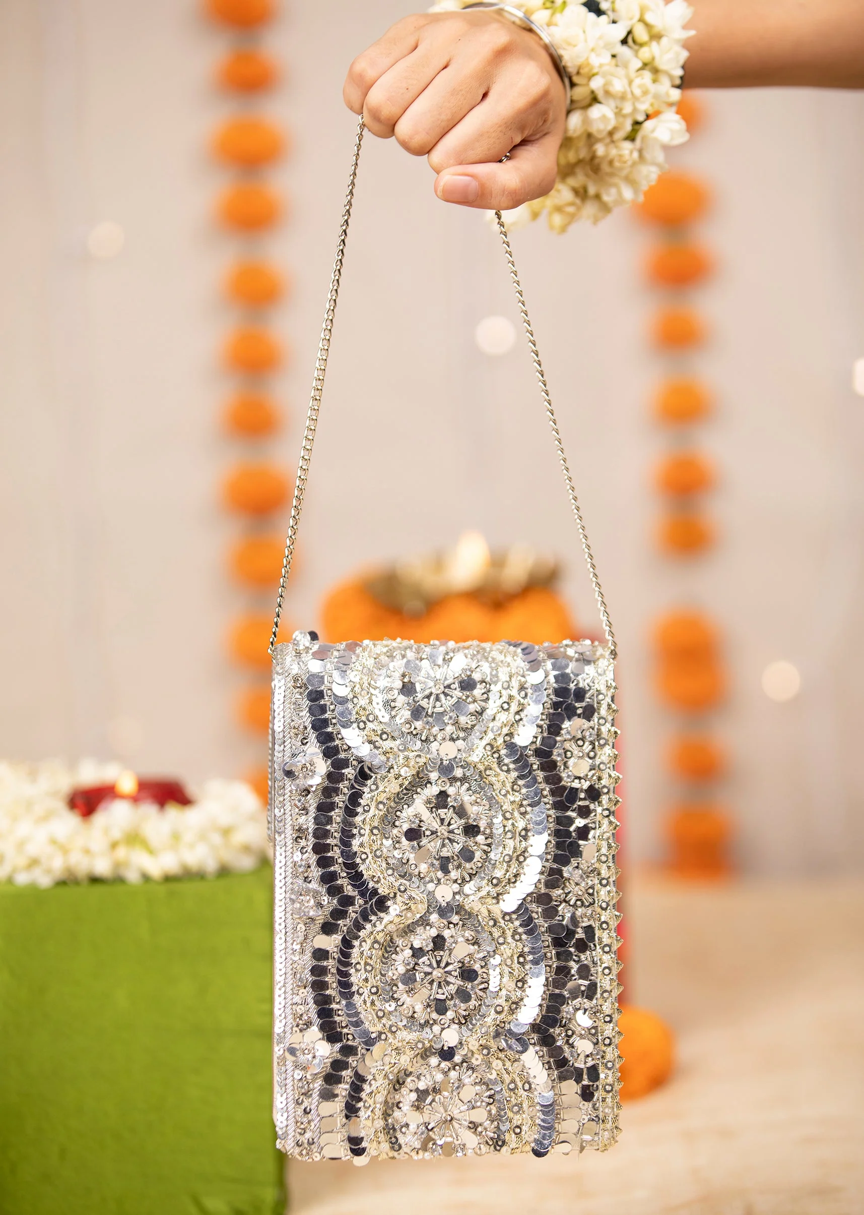 Silver Mirror Embellished Flap Bag
