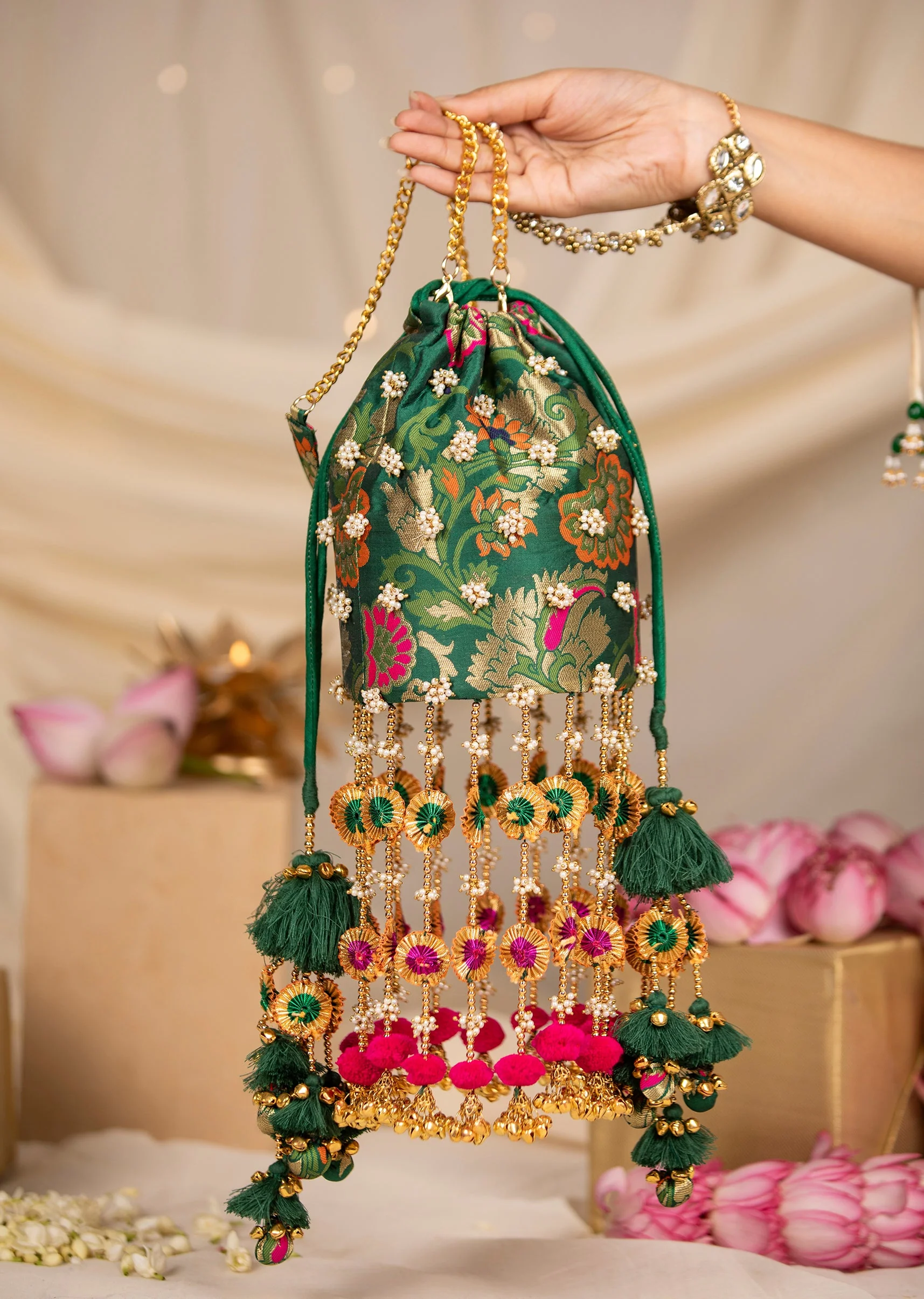 Green Pearl Embellished Pom Pom Tassel Bag