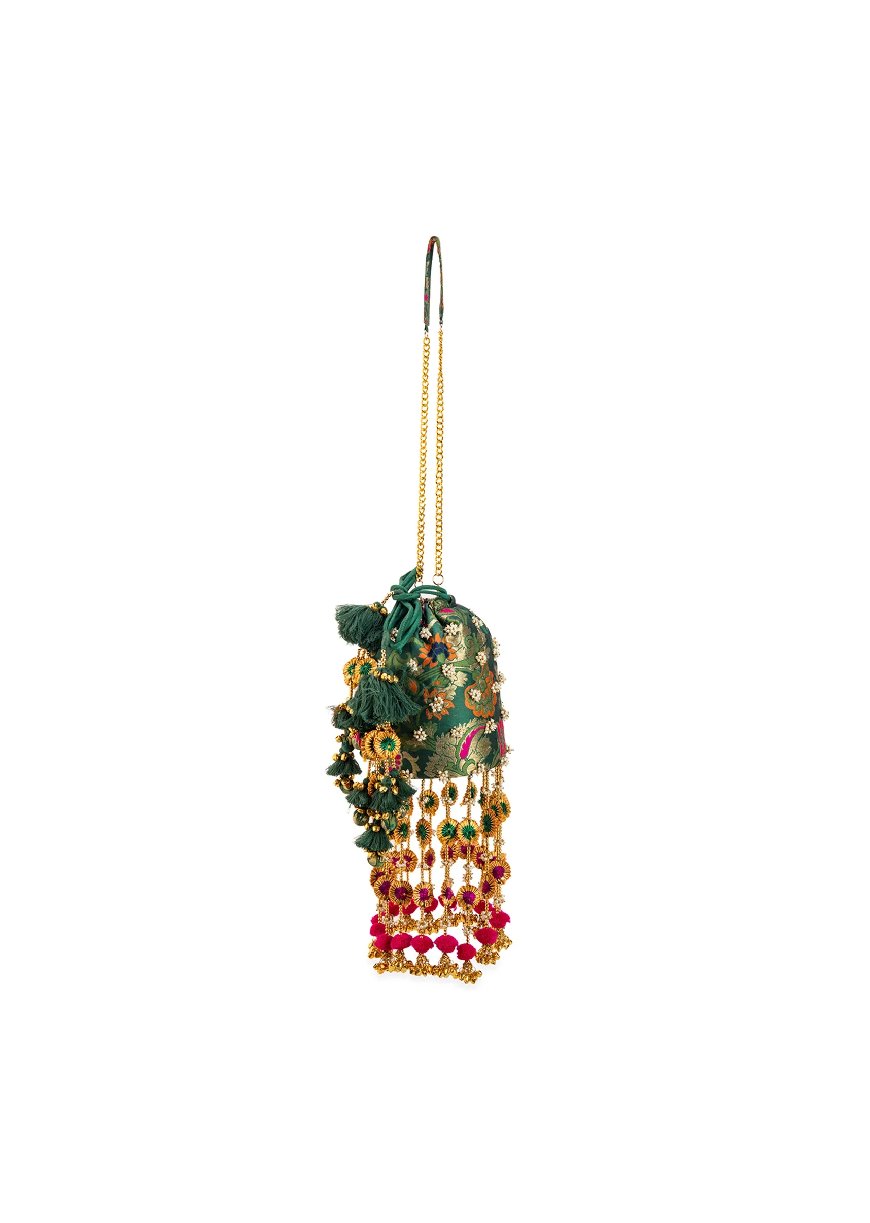 Green Pearl Embellished Pom Pom Tassel Bag