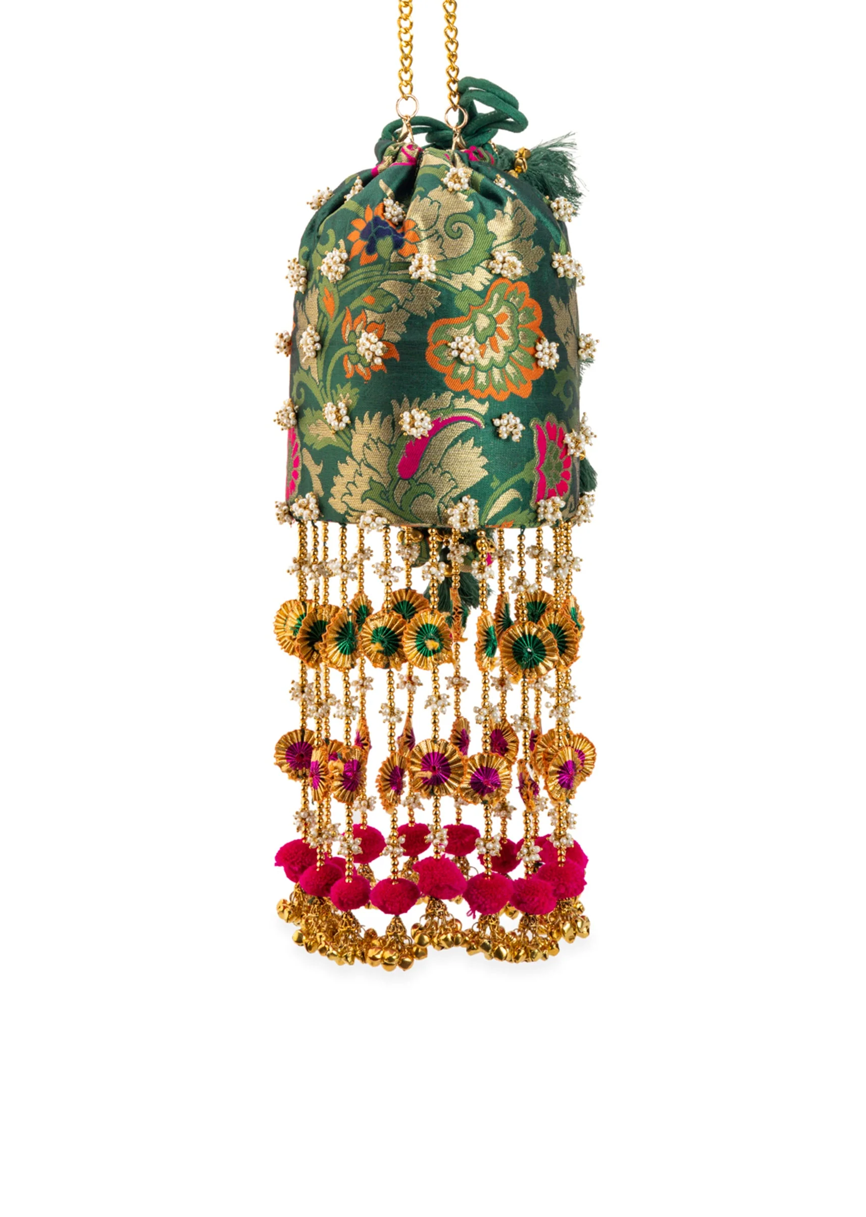 Green Pearl Embellished Pom Pom Tassel Bag