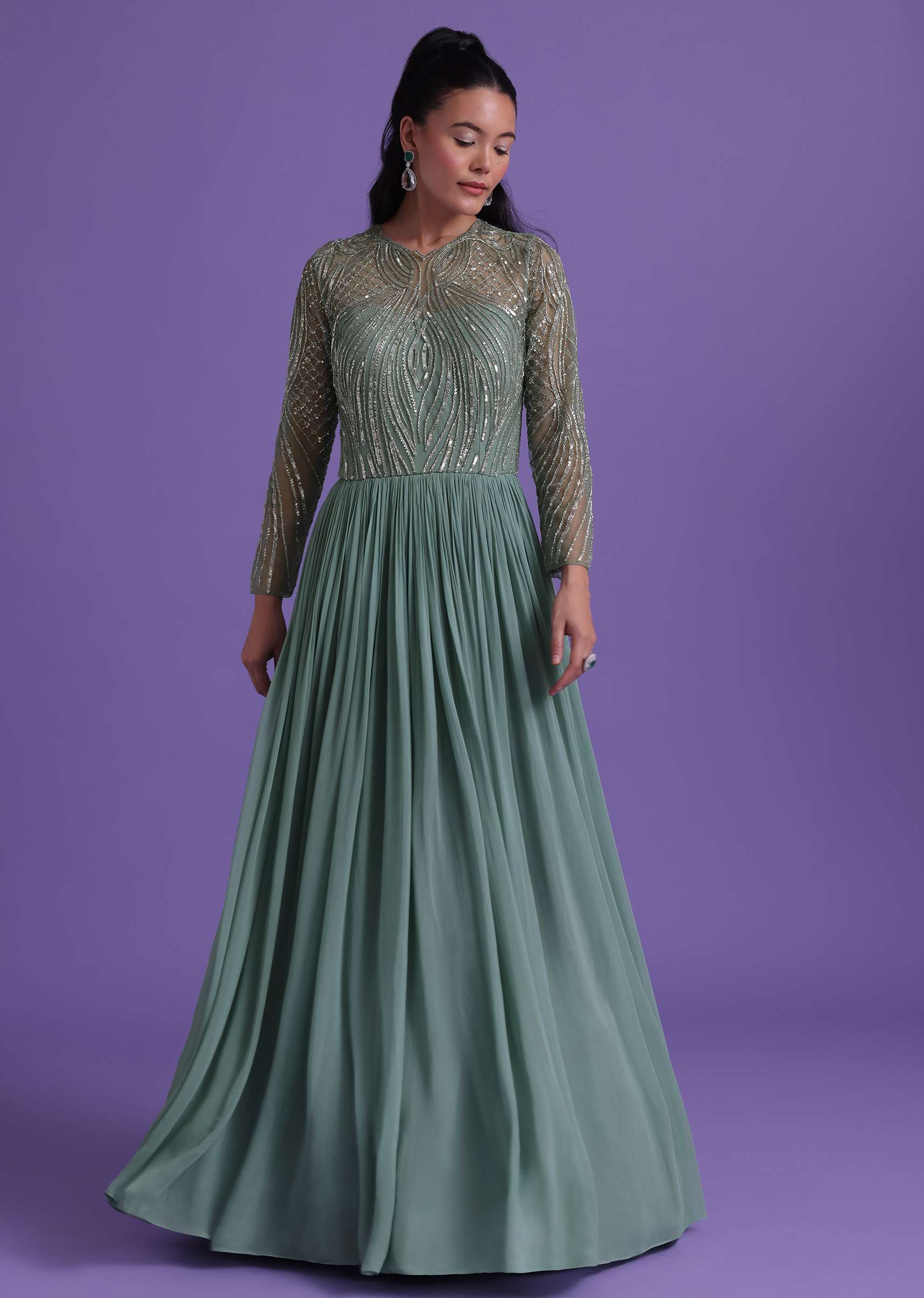 4832-pastel-green-gown-in-georgette-with-cut-dana-embroidery-1.jpg Pastel Green Gown In Georgette With Cut Dana Embroidery