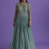 Pastel Green Gown In Georgette With Cut Dana Embroidery
