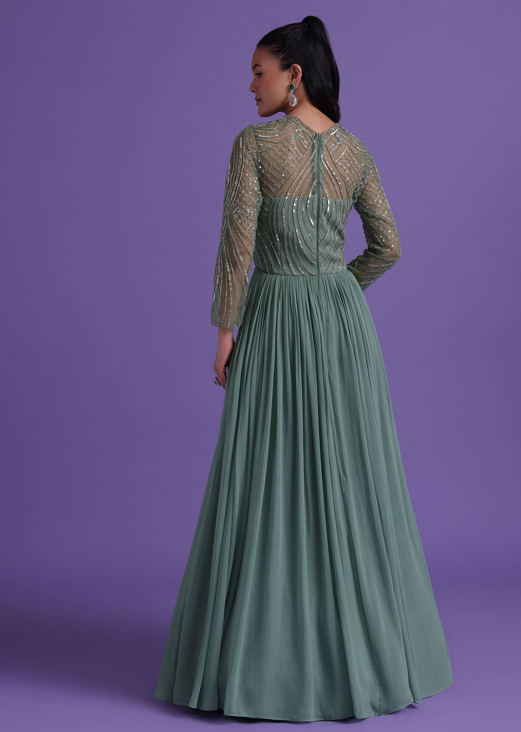 Pastel Green Gown In Georgette With Cut Dana Embroidery