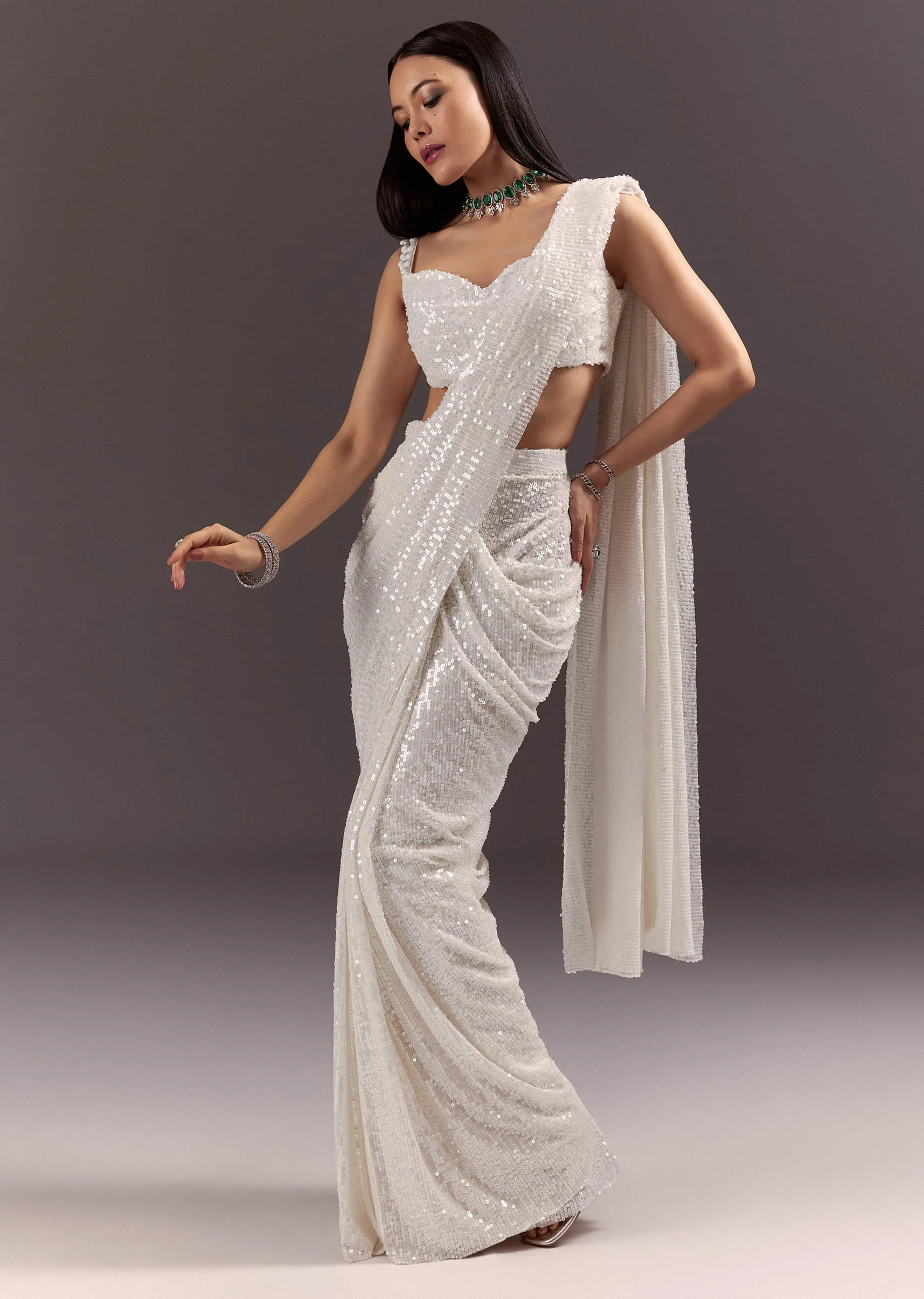 4844-silver-round-neck-blouse-with-ready-drape-saree-1.webp Silver Round Neck Blouse With Ready Drape Saree
