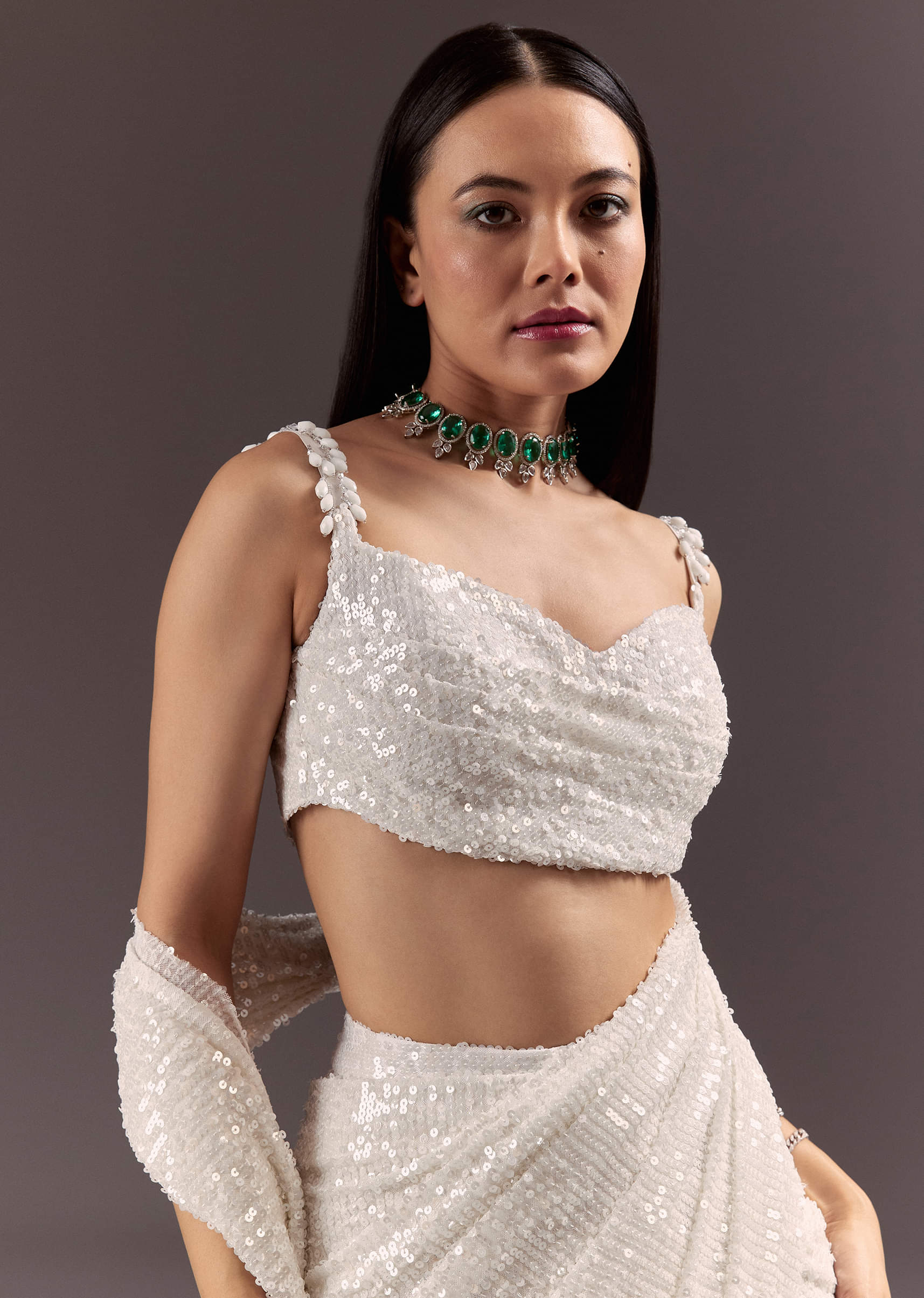 Silver Round Neck Blouse With Ready Drape Saree