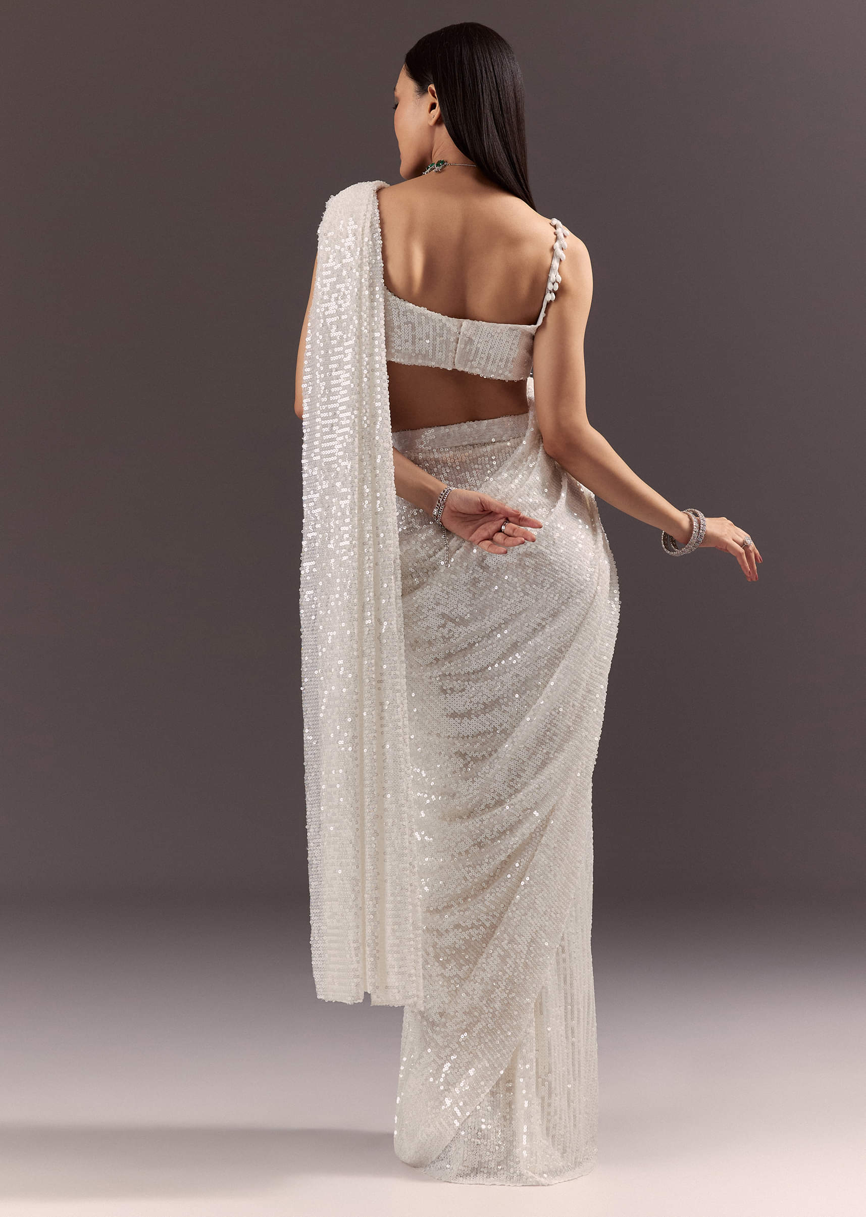 Silver Round Neck Blouse With Ready Drape Saree