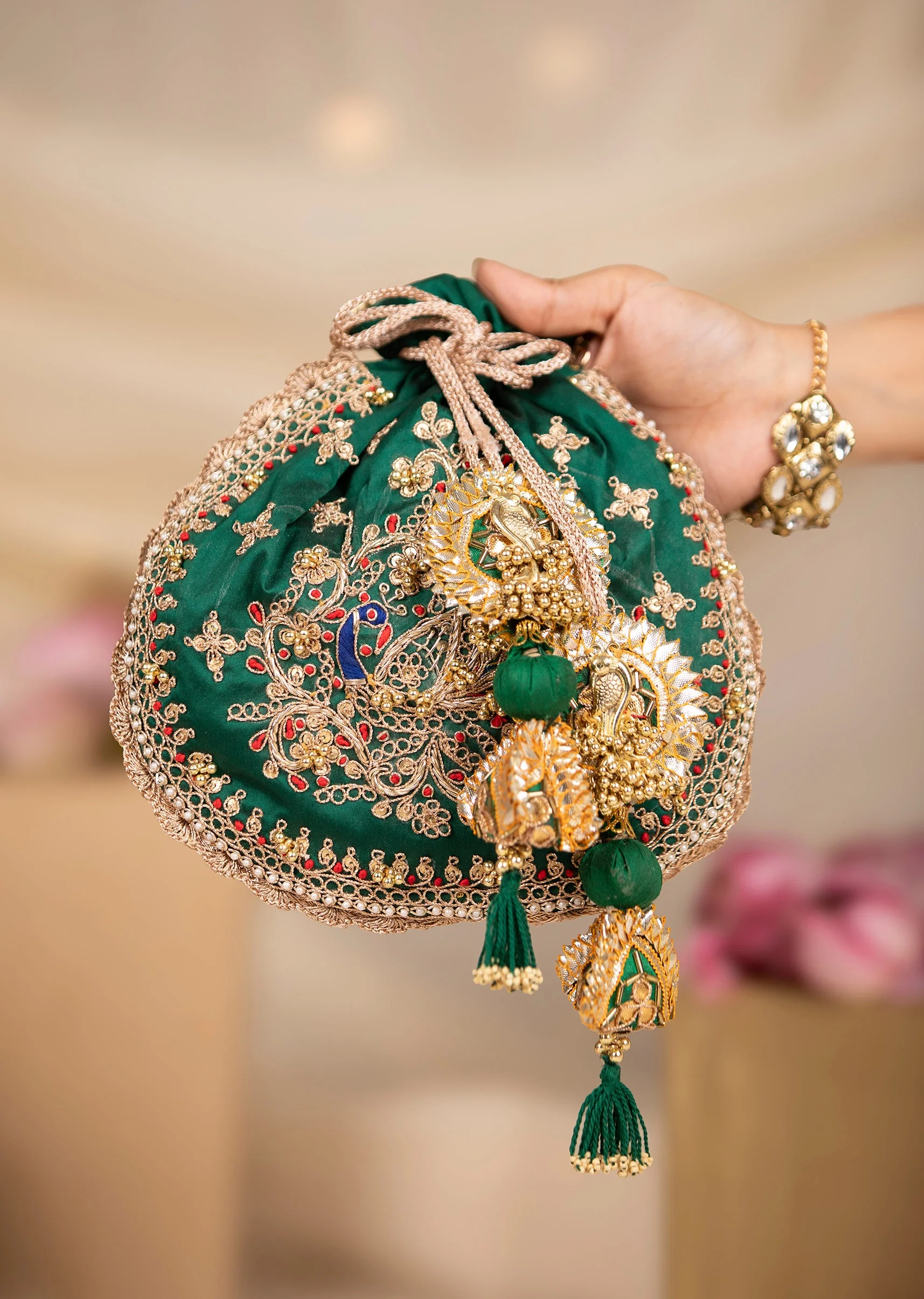 Green Silk Embroidered Potli Bag