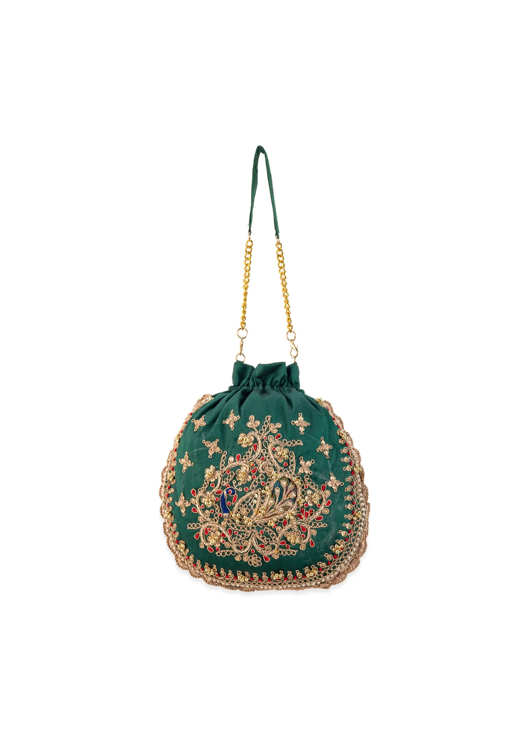 Green Silk Embroidered Potli Bag