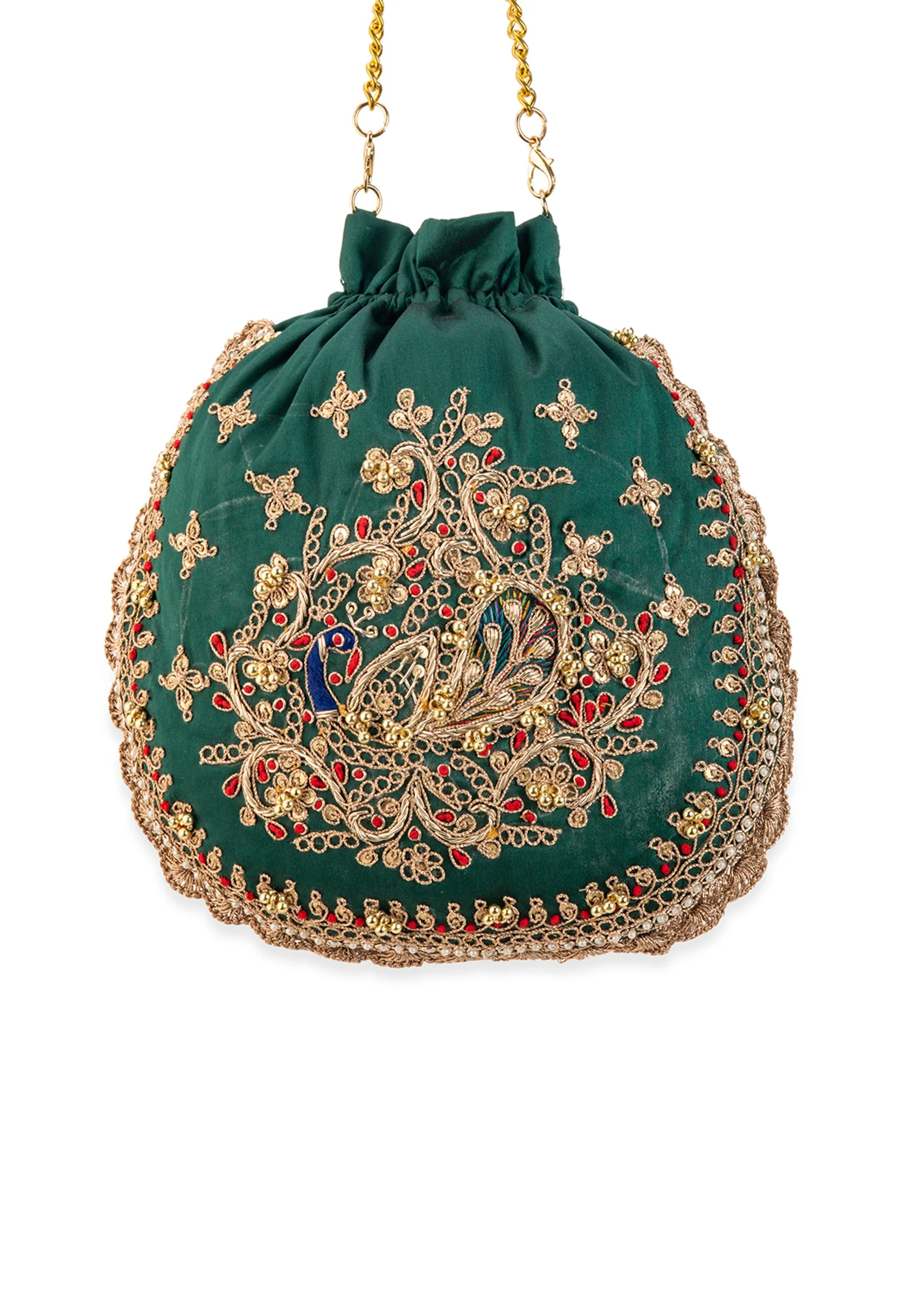 Green Silk Embroidered Potli Bag