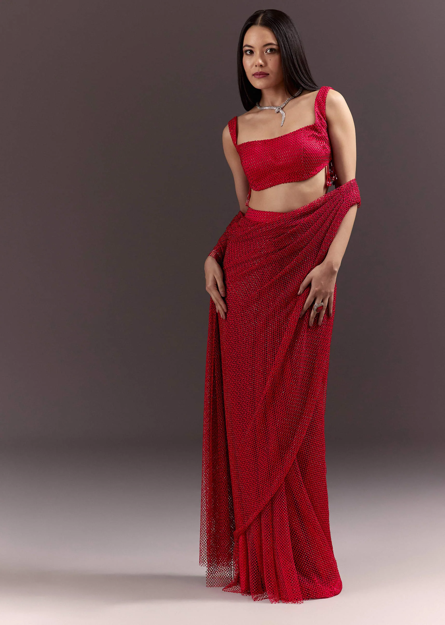 4859-red-pre-draped-crystal-embroidered-saree-1.webp Red Pre Draped Crystal Embroidered Saree