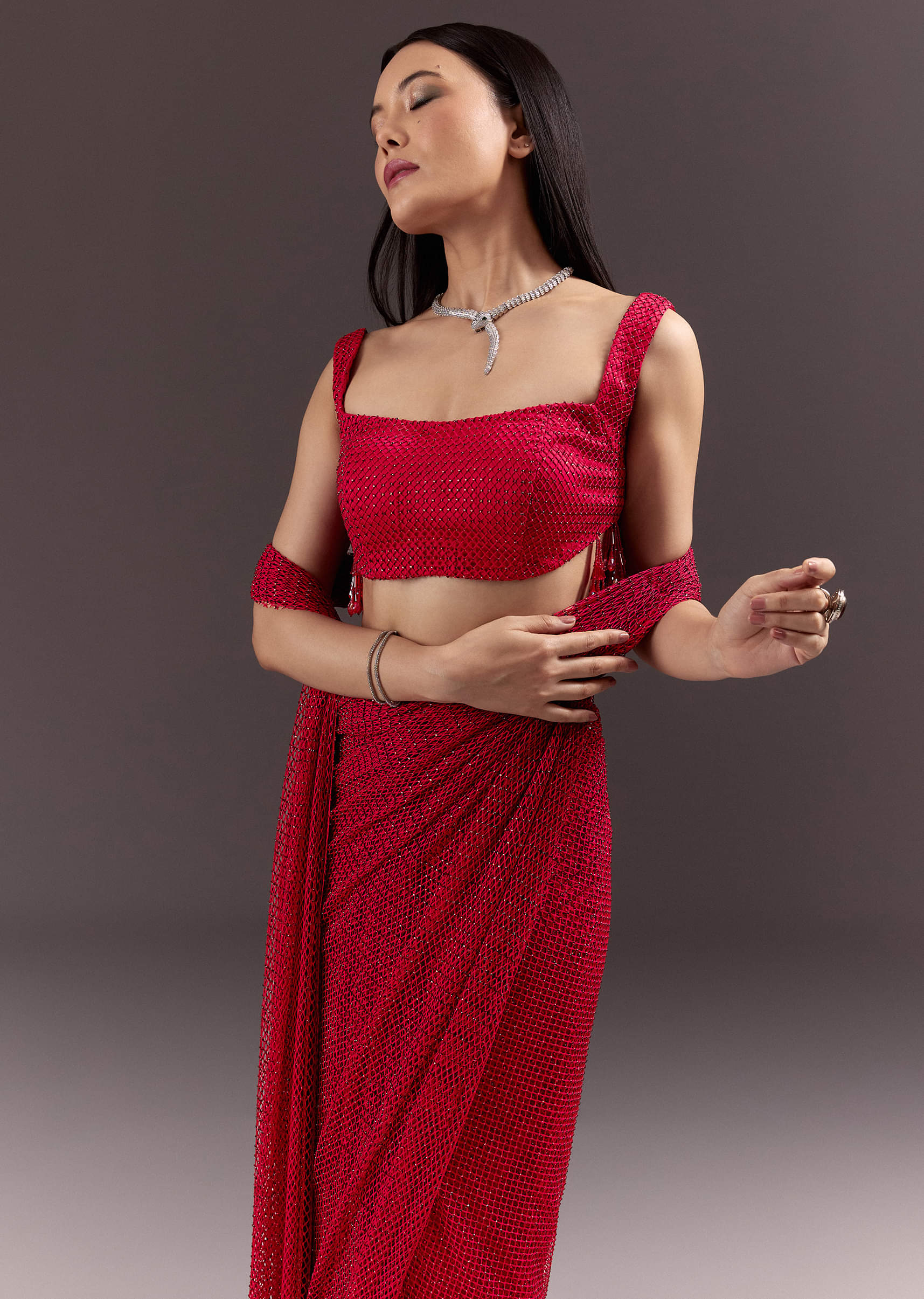 Red Pre Draped Crystal Embroidered Saree