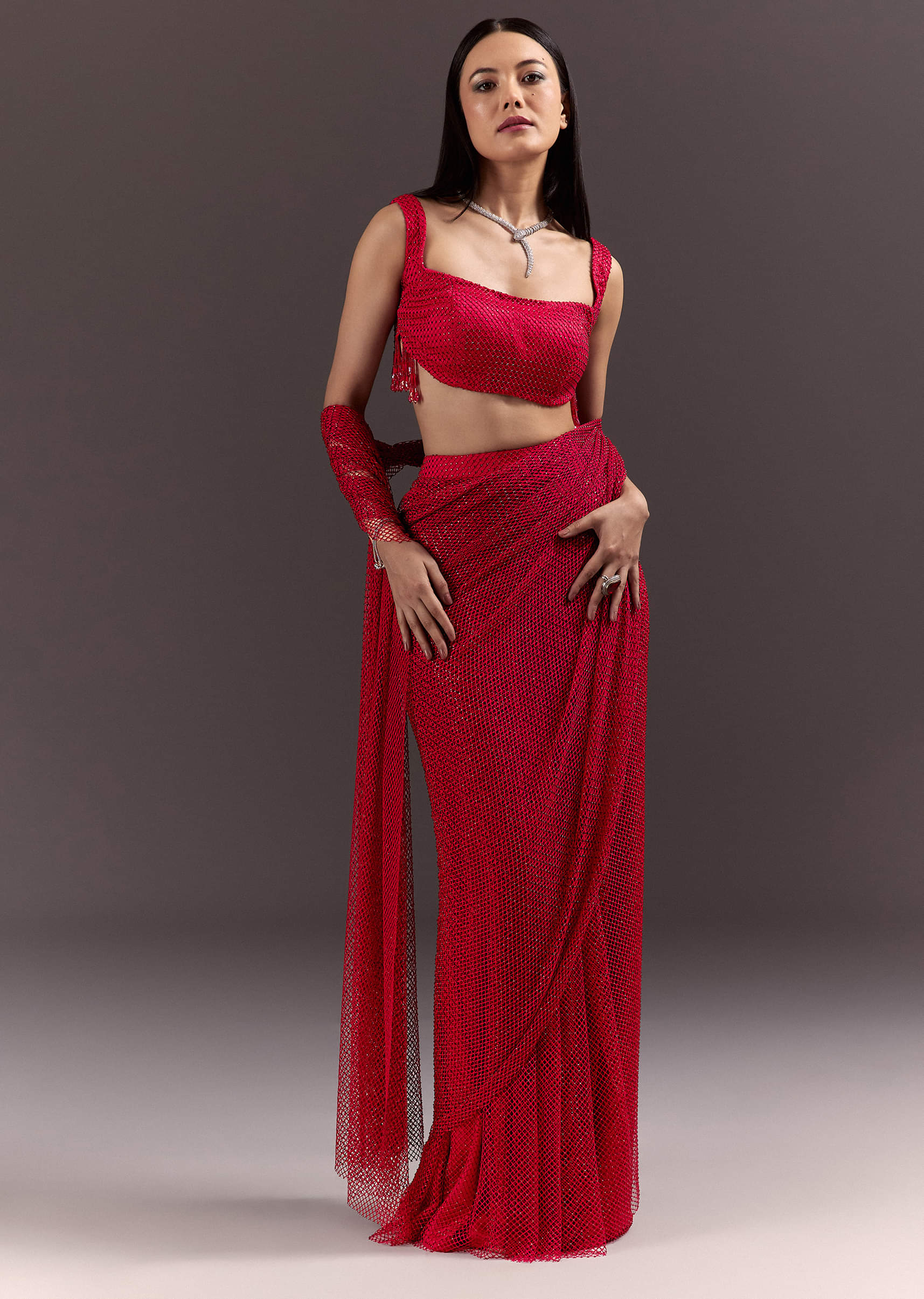 Red Pre Draped Crystal Embroidered Saree