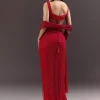 Red Pre Draped Crystal Embroidered Saree
