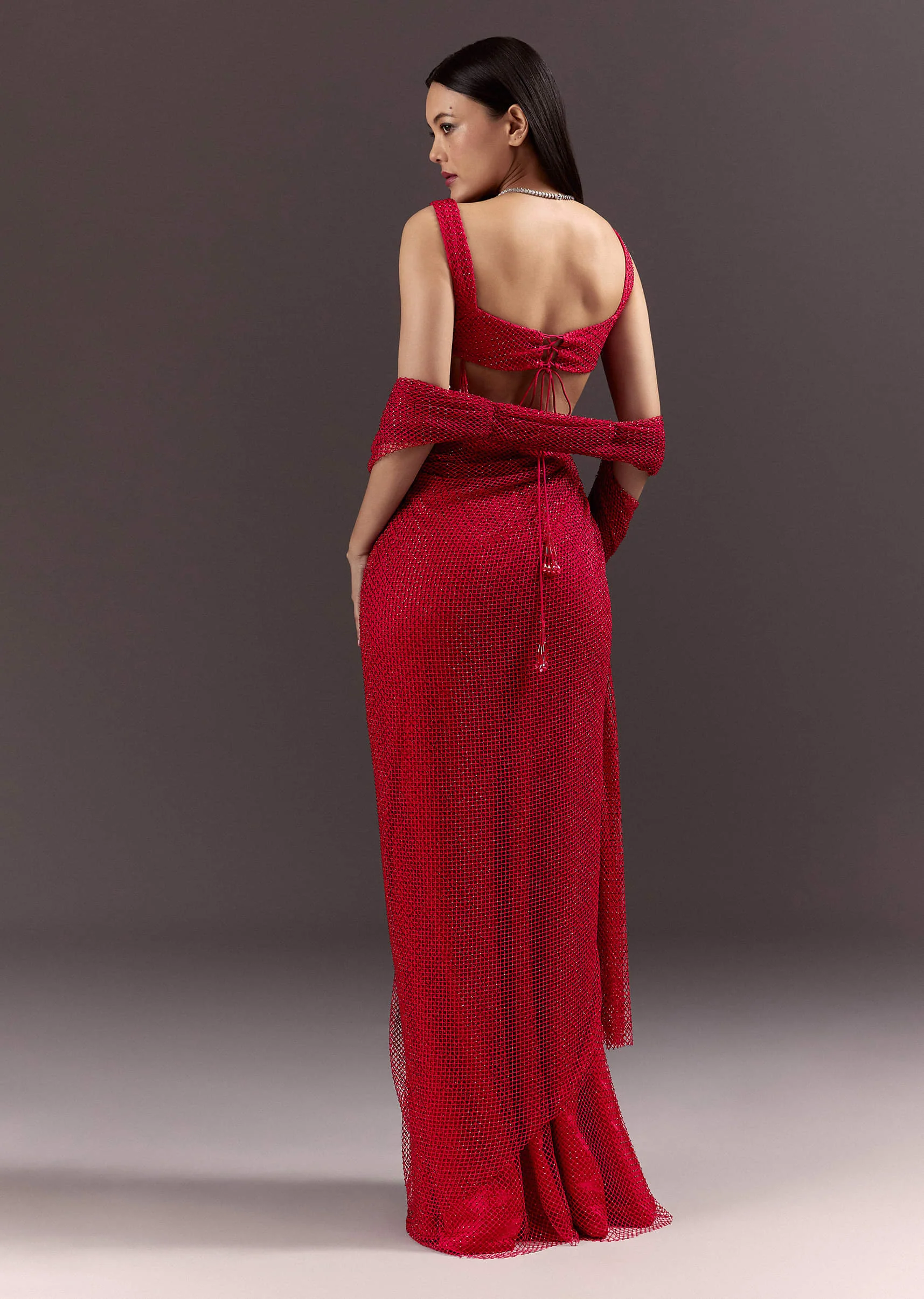 Red Pre Draped Crystal Embroidered Saree