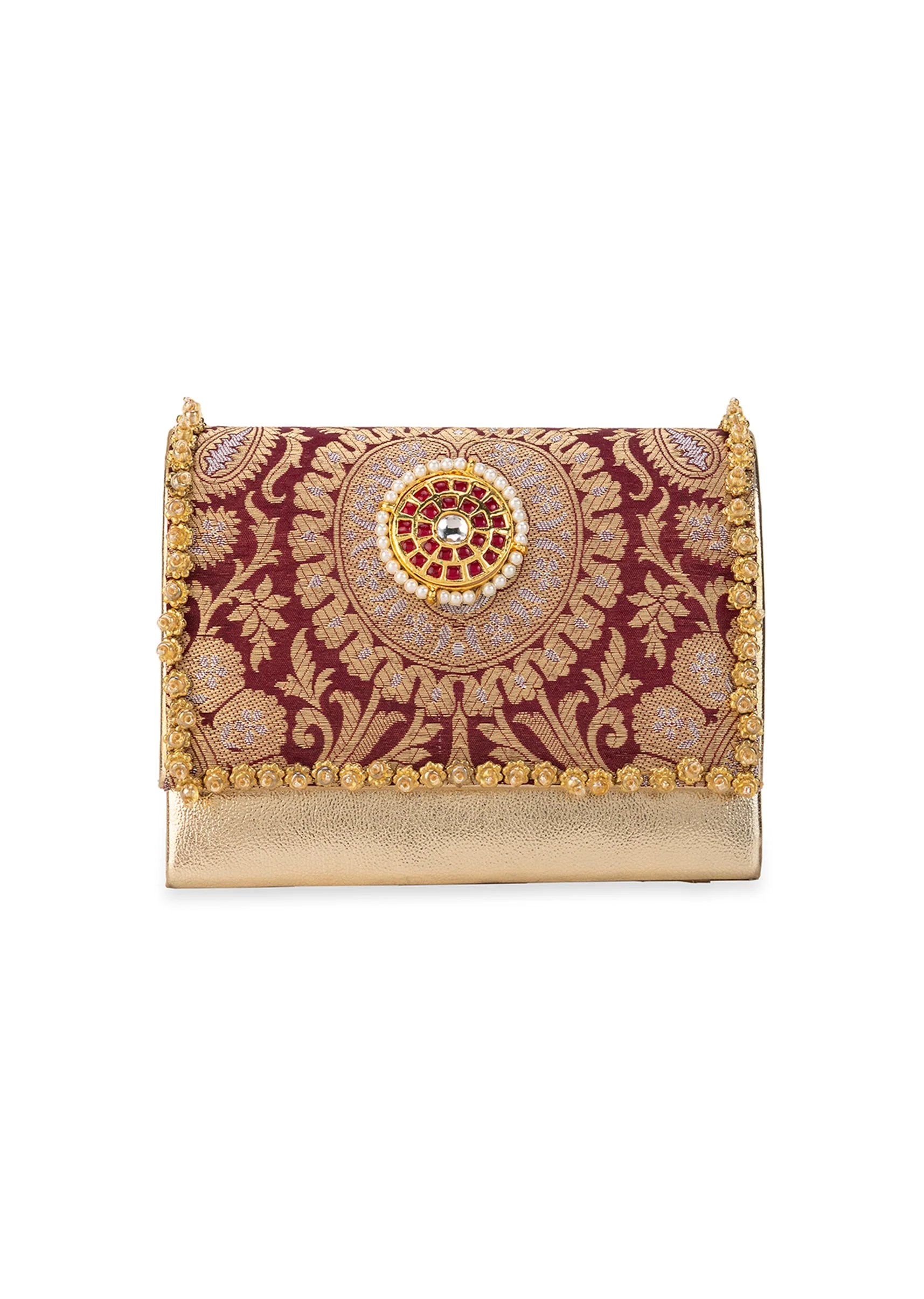 Maroon Zari and Kundan Embellished Rectangular Flap Bag