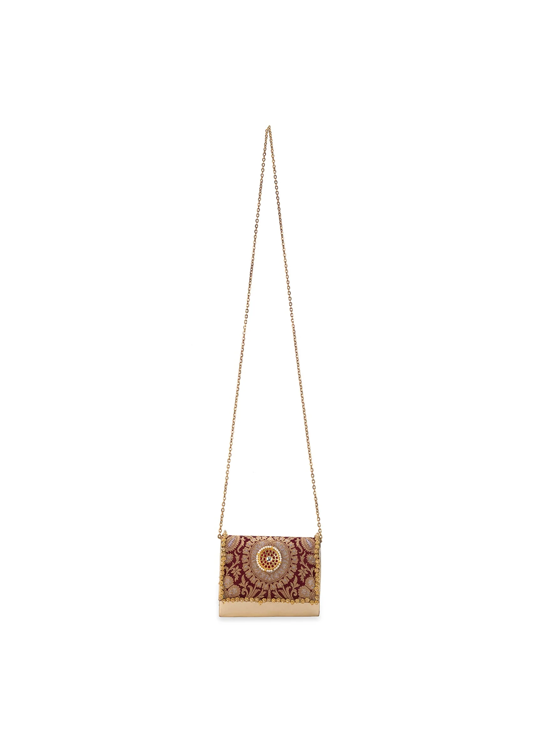 Maroon Zari and Kundan Embellished Rectangular Flap Bag
