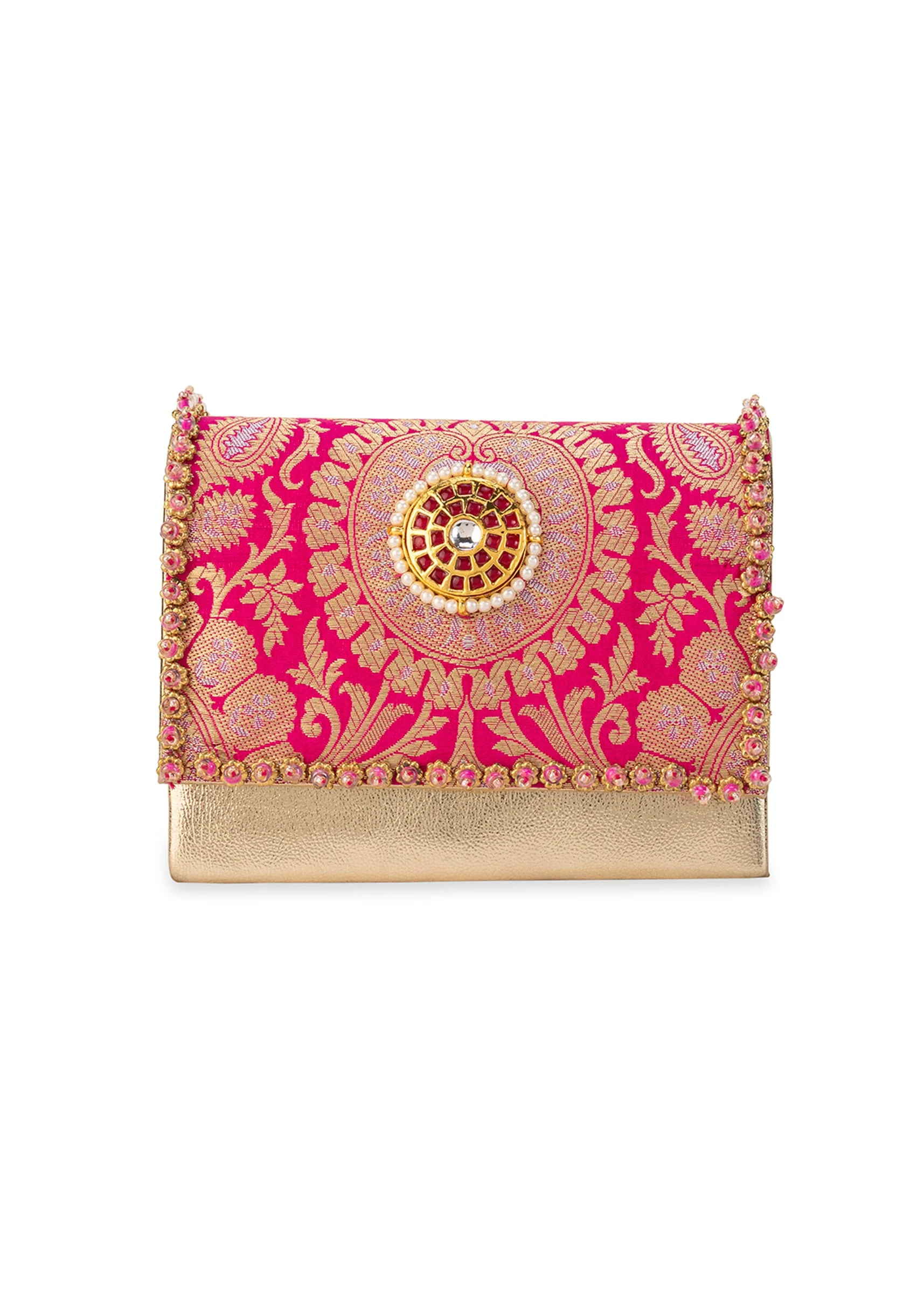 Pink Zari and Kundan Brocade Rectangular Flap Bag