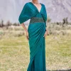 Peacock Green Embroidered Pre Draped Gown With Kimono Sleeves
