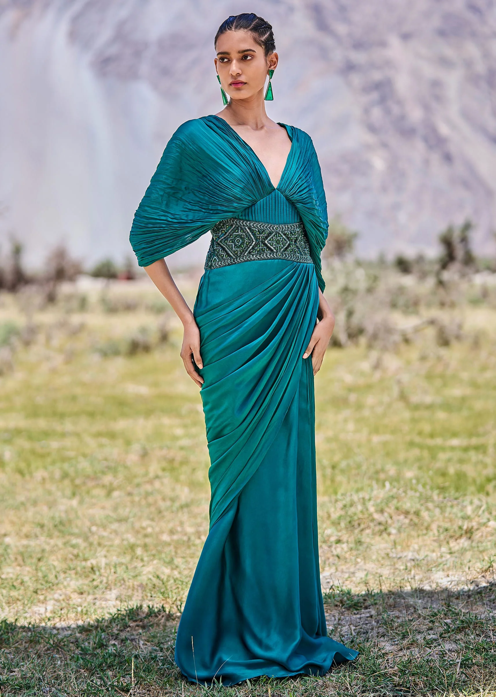 4874-peacock-green-embroidered-pre-draped-gown-with-kimono-sleeves-1.webp Peacock Green Embroidered Pre Draped Gown With Kimono Sleeves