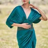 Peacock Green Embroidered Pre Draped Gown With Kimono Sleeves