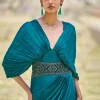 Peacock Green Embroidered Pre Draped Gown With Kimono Sleeves