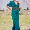 Peacock Green Embroidered Pre Draped Gown With Kimono Sleeves