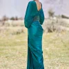 Peacock Green Embroidered Pre Draped Gown With Kimono Sleeves