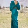 Peacock Green Embroidered Pre Draped Gown With Kimono Sleeves