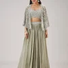 Mint Green Moti And Cut Dana Work Cape Lehenga
