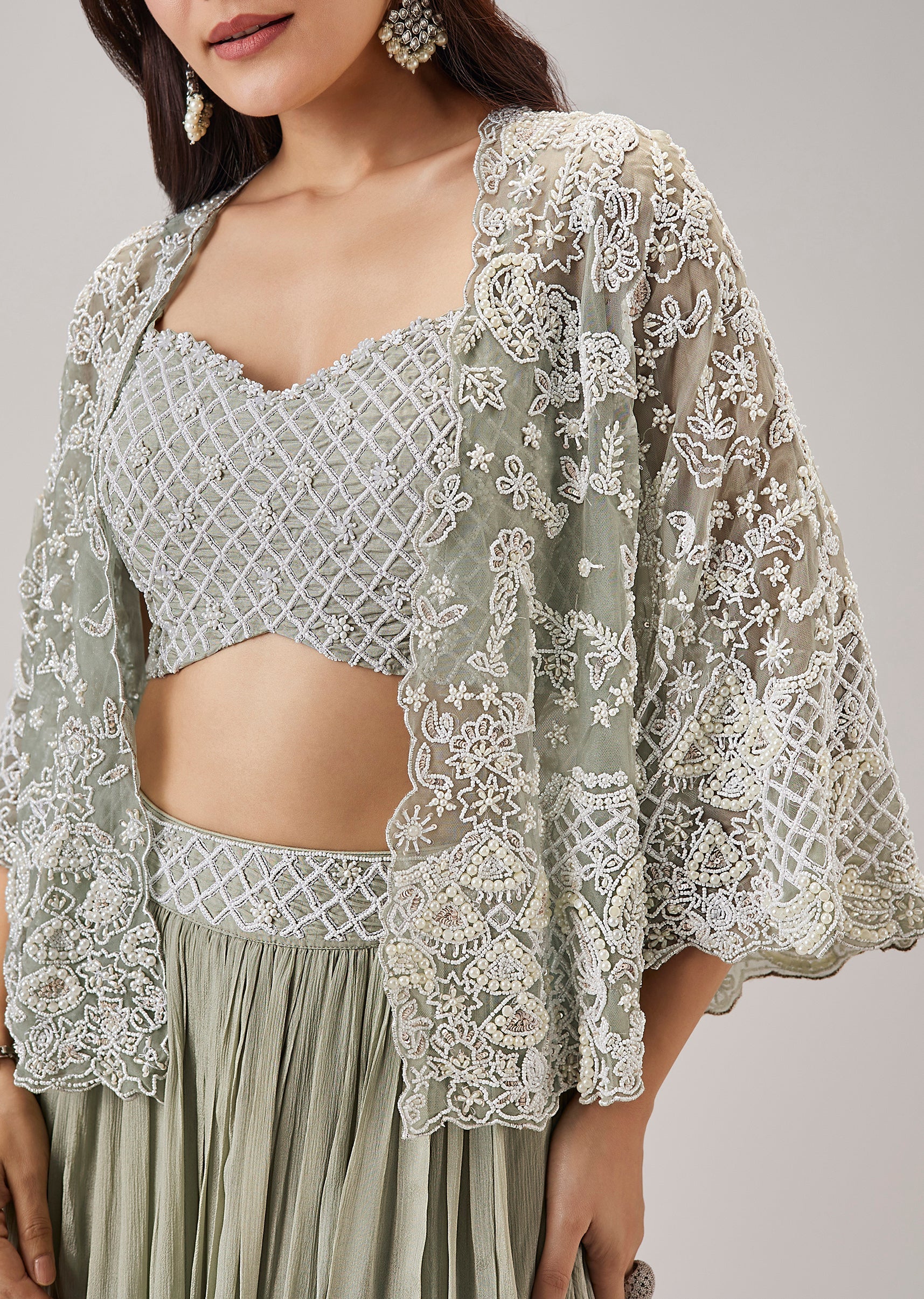 Mint Green Moti And Cut Dana Work Cape Lehenga