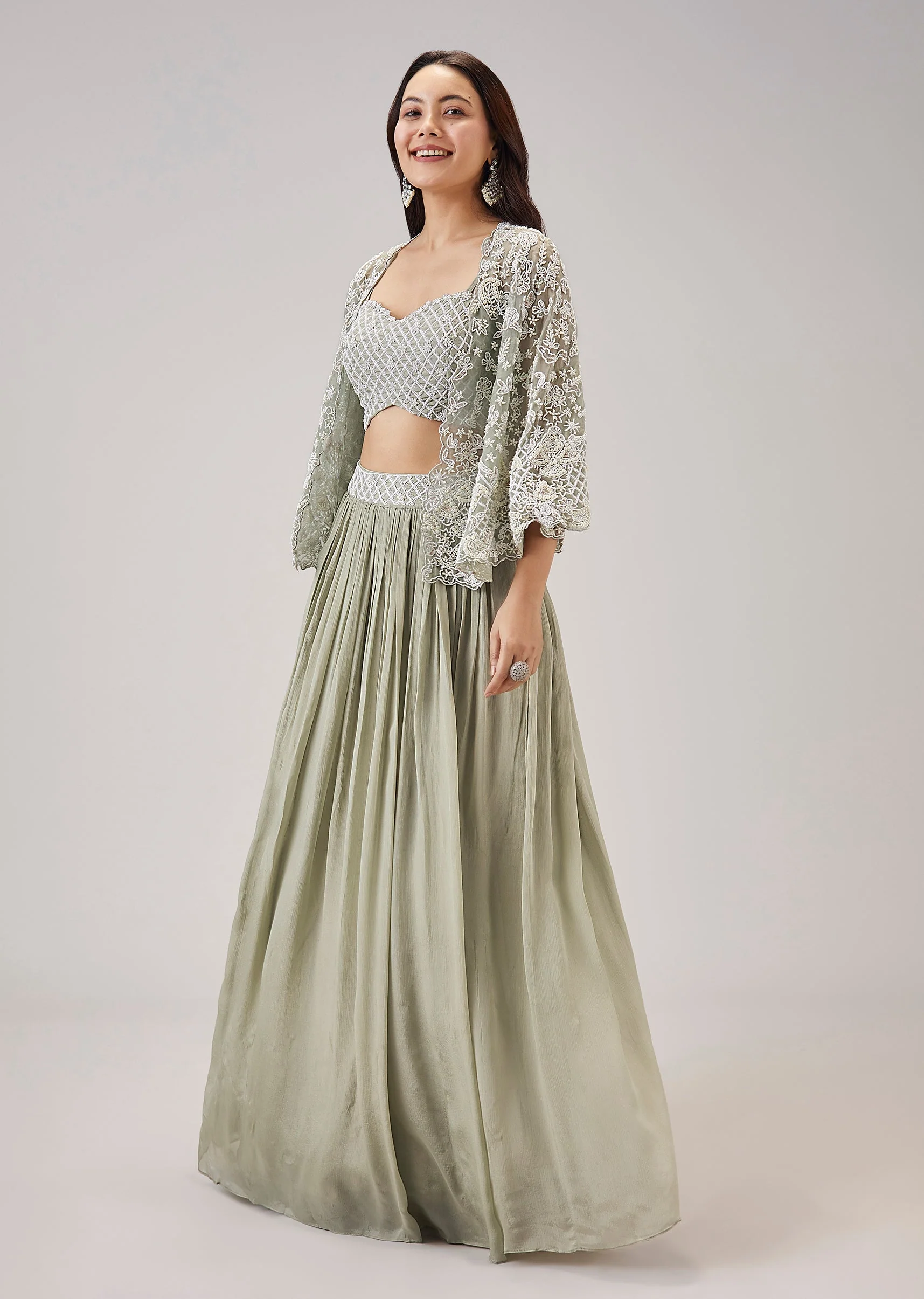 Mint Green Moti And Cut Dana Work Cape Lehenga